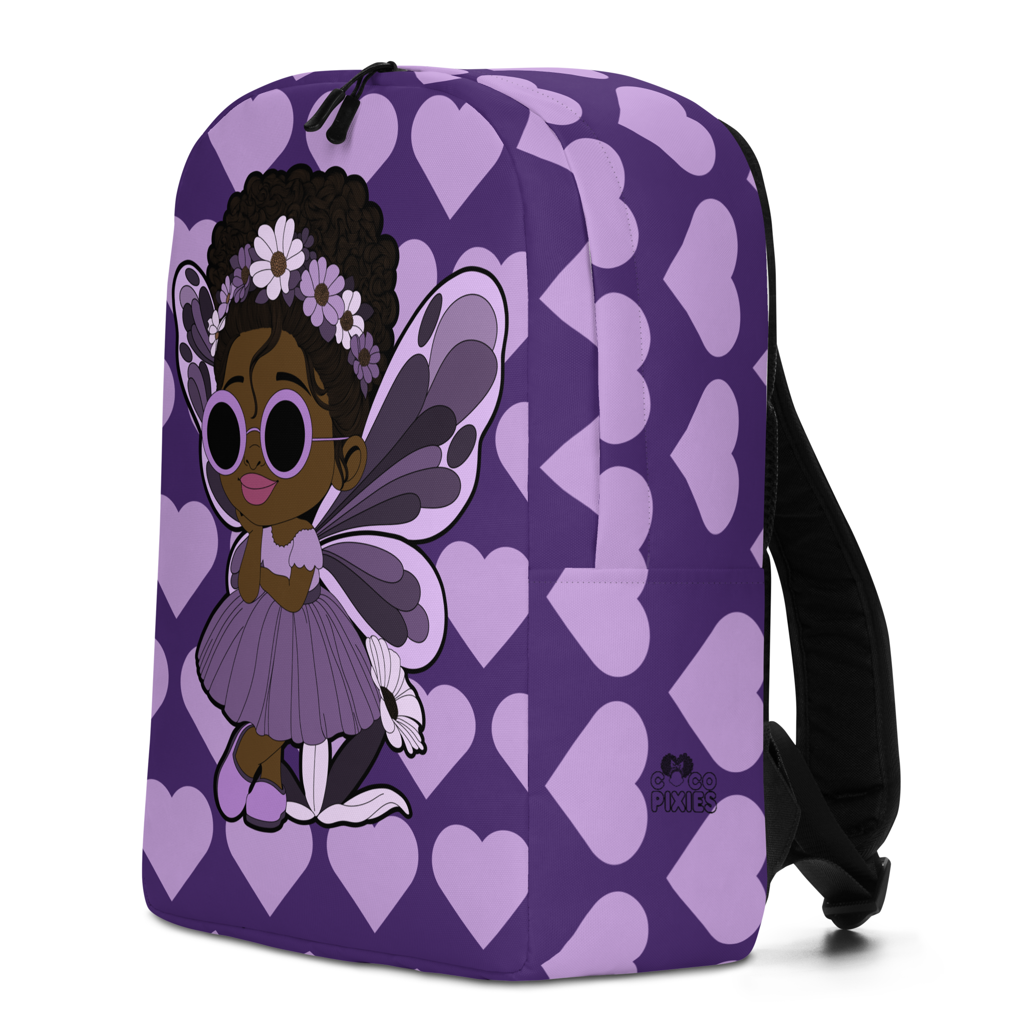 Marvelous Mia Pixie Backpack by Coco Pixies with Black girl character art and a purple signature heart pattern