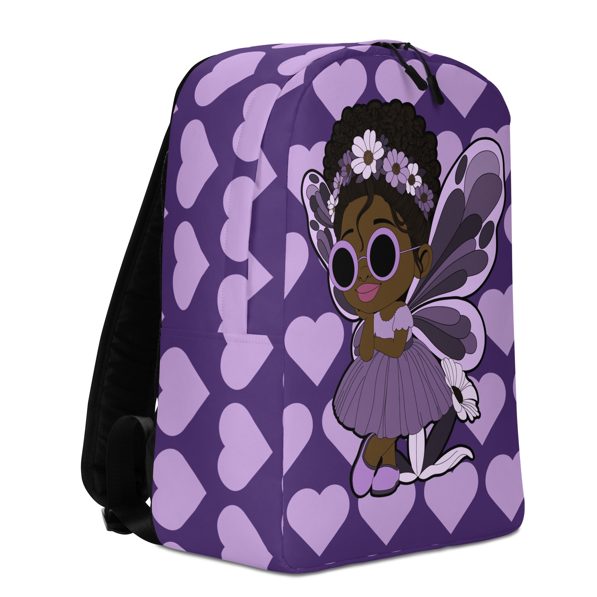 Marvelous Mia Pixie Backpack by Coco Pixies with Black girl character art and a purple signature heart pattern