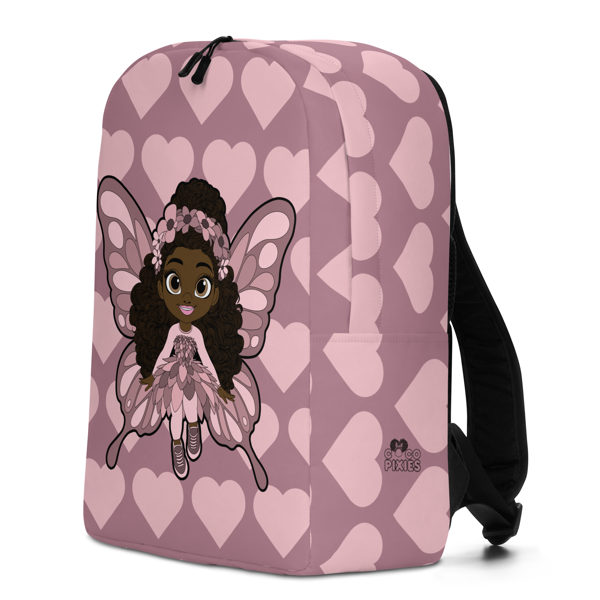 Penelope Pixie Backpack by Coco Pixies with a Black girl character and dusty rose signature heart pattern