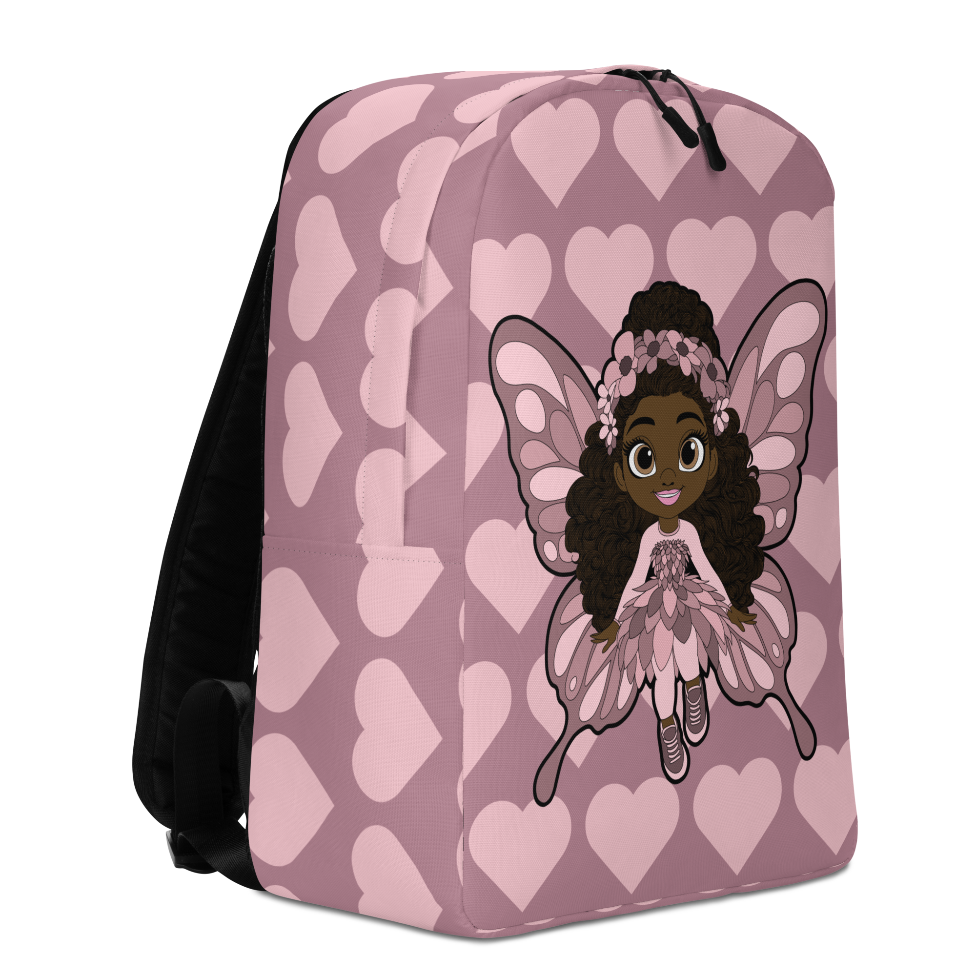 Penelope Pixie Backpack by Coco Pixies with a Black girl character and dusty rose signature heart pattern