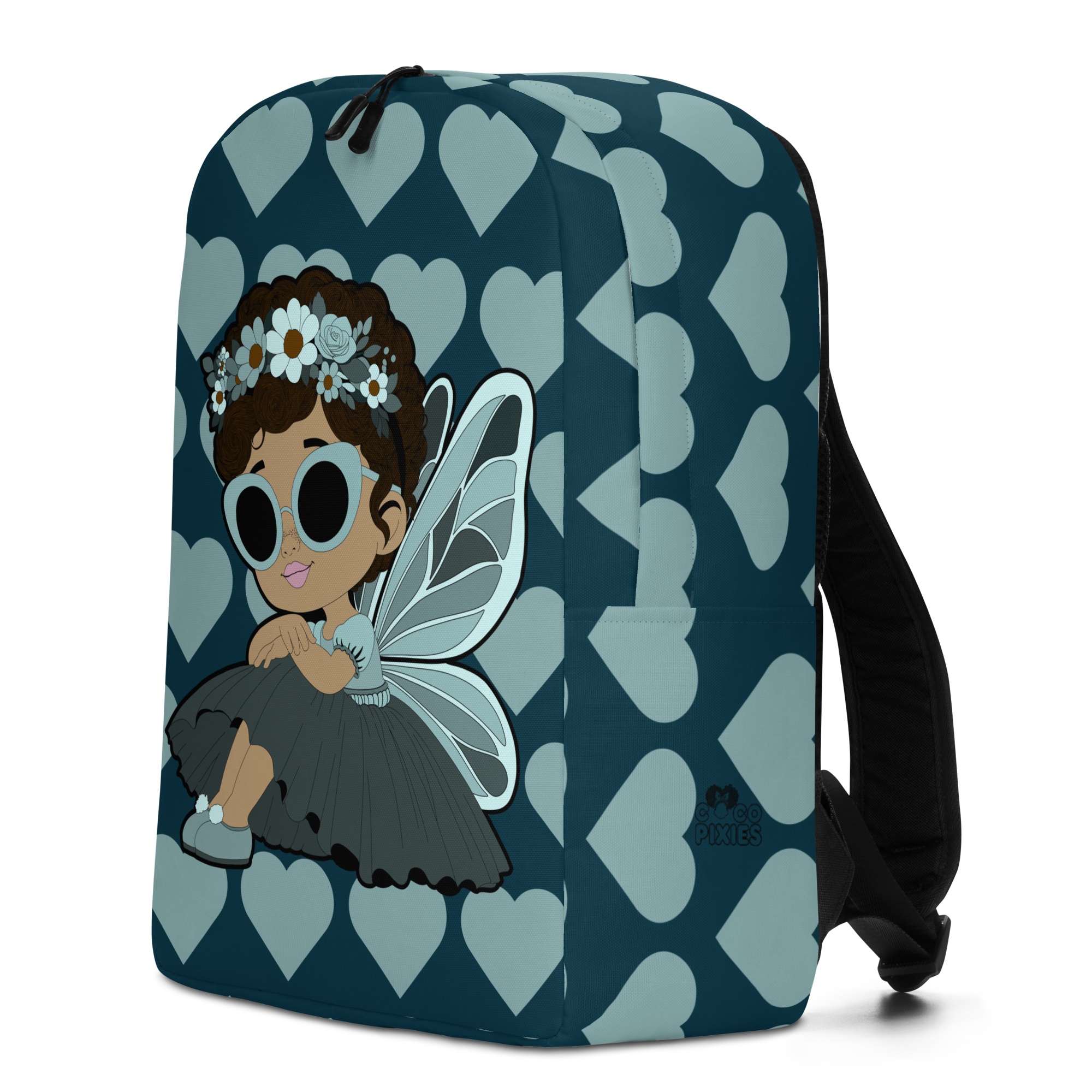 Pixie Piper Backpack by Coco Pixies with an aqua teal signature heart pattern and Black girl pixie artwork