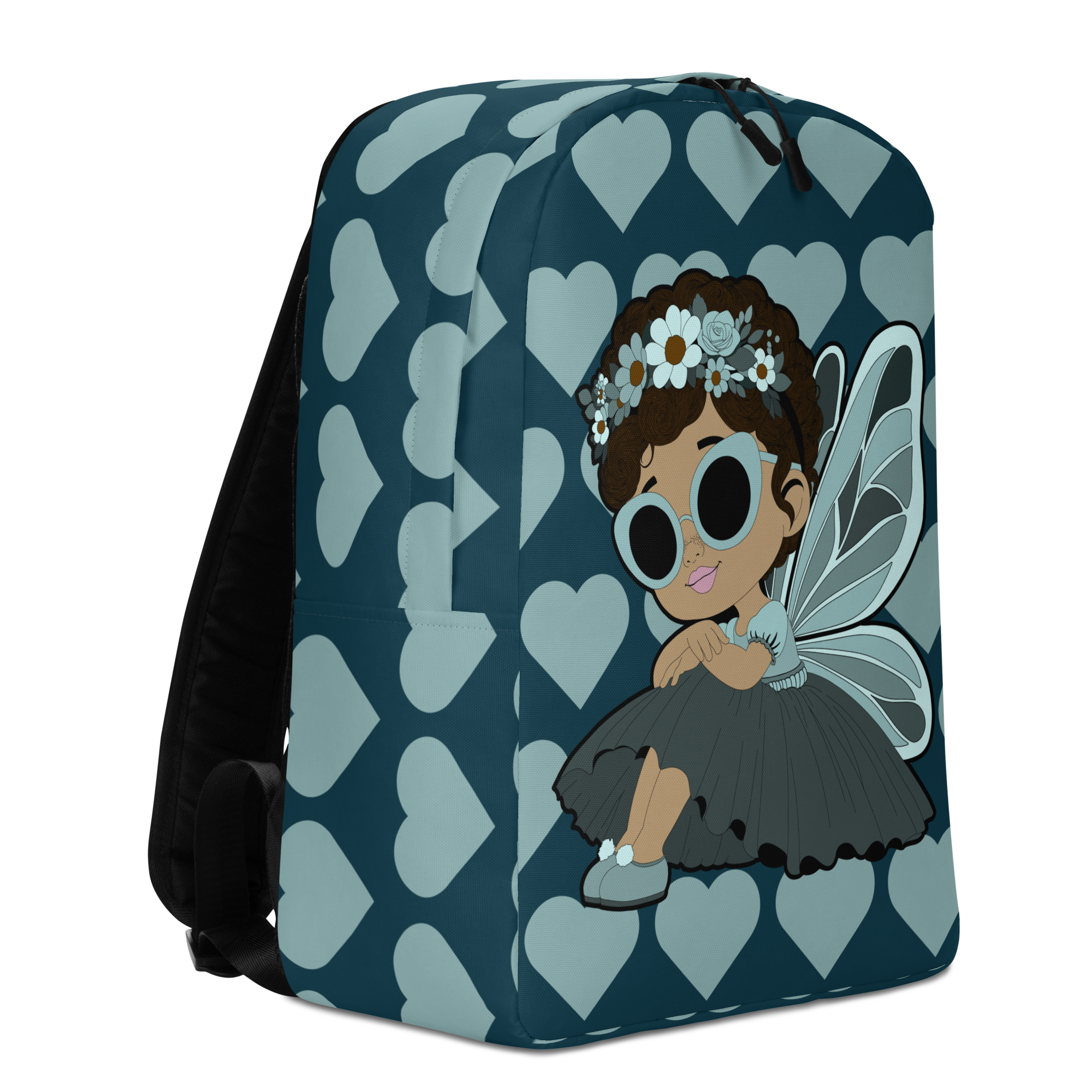 Pixie Piper Backpack by Coco Pixies with an aqua teal signature heart pattern and Black girl pixie artwork