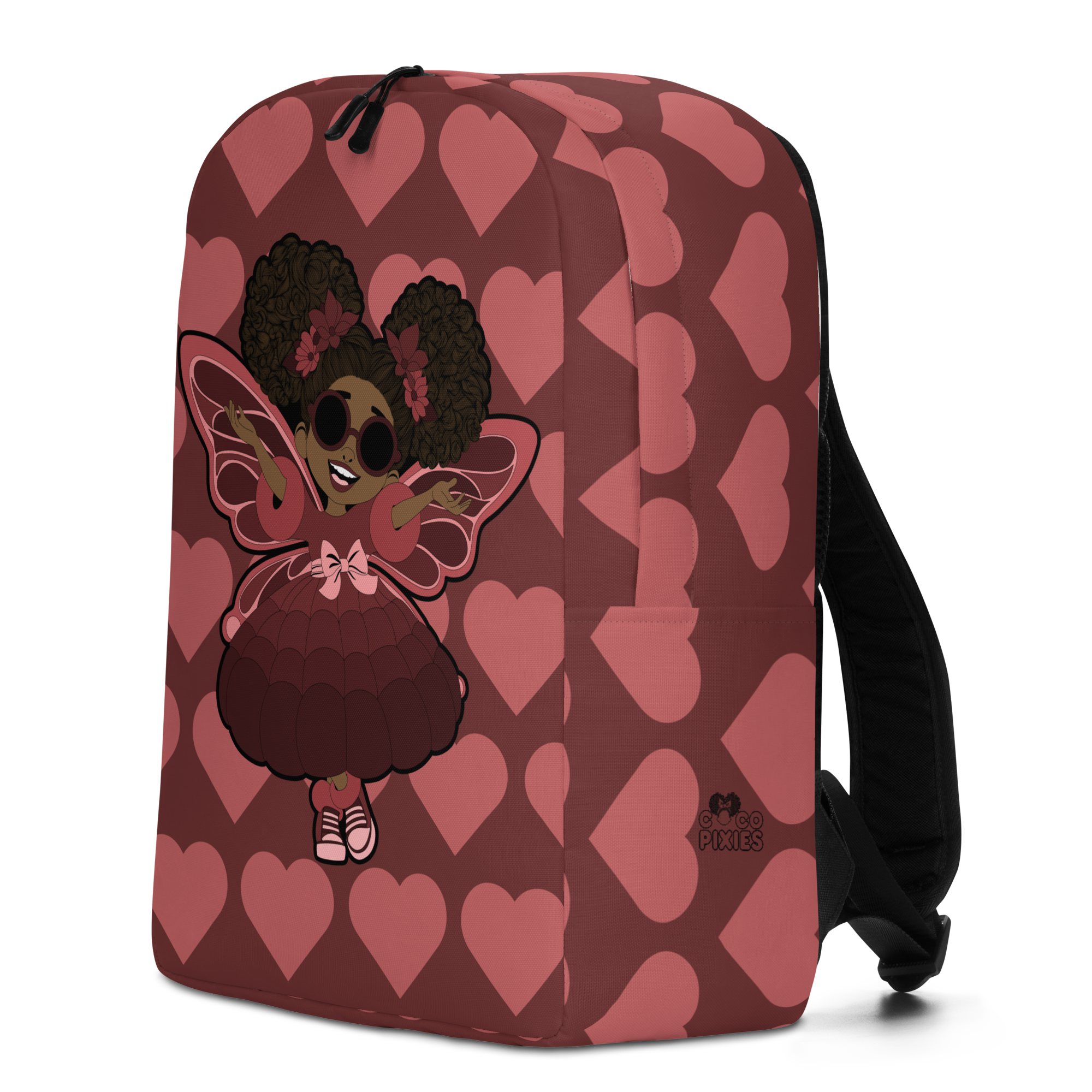 Radiant Ruby Backpack by Coco Pixies featuring a Black girl pixie with afro puffs and burgundy heart pattern