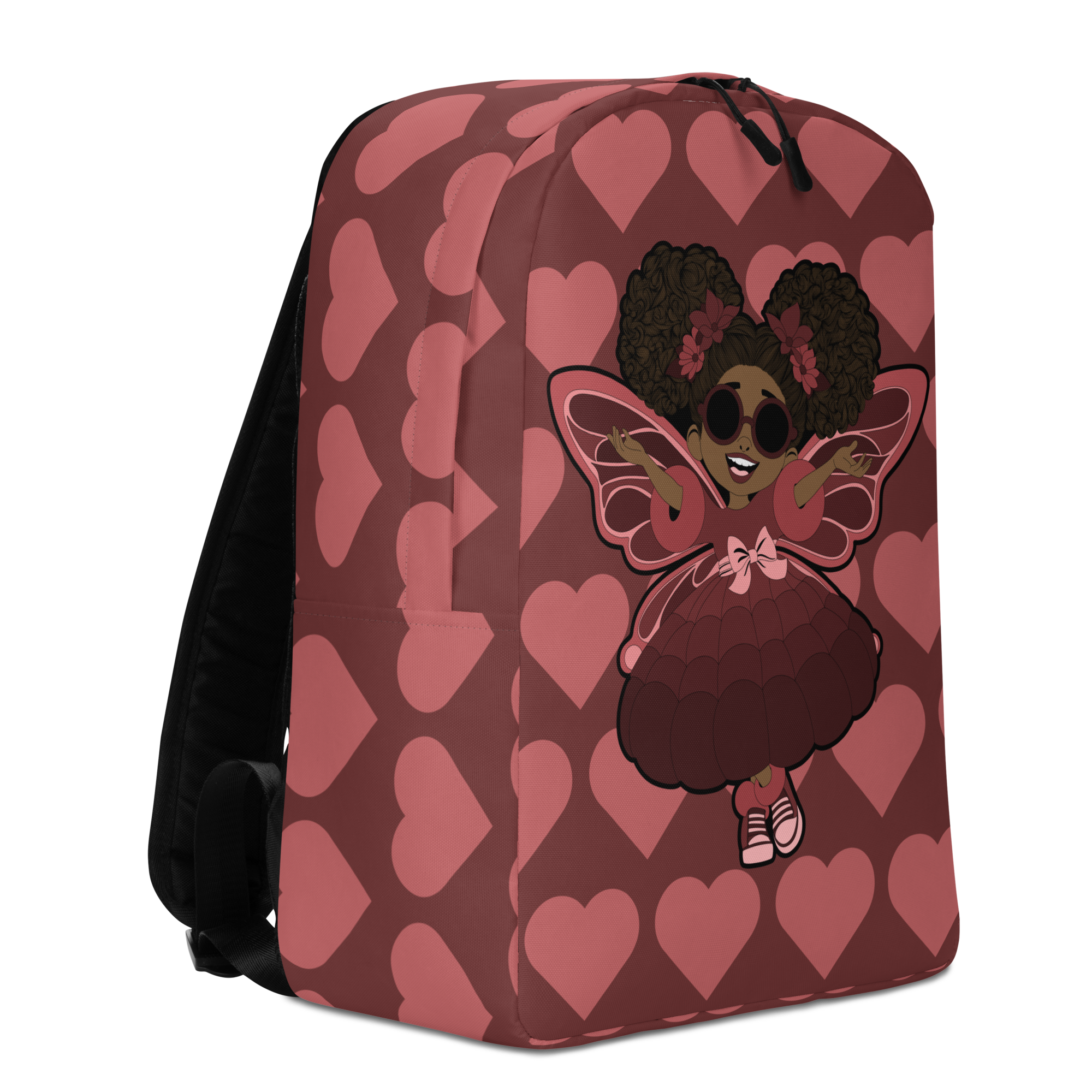 Radiant Ruby Backpack by Coco Pixies featuring a Black girl pixie with afro puffs and burgundy heart pattern