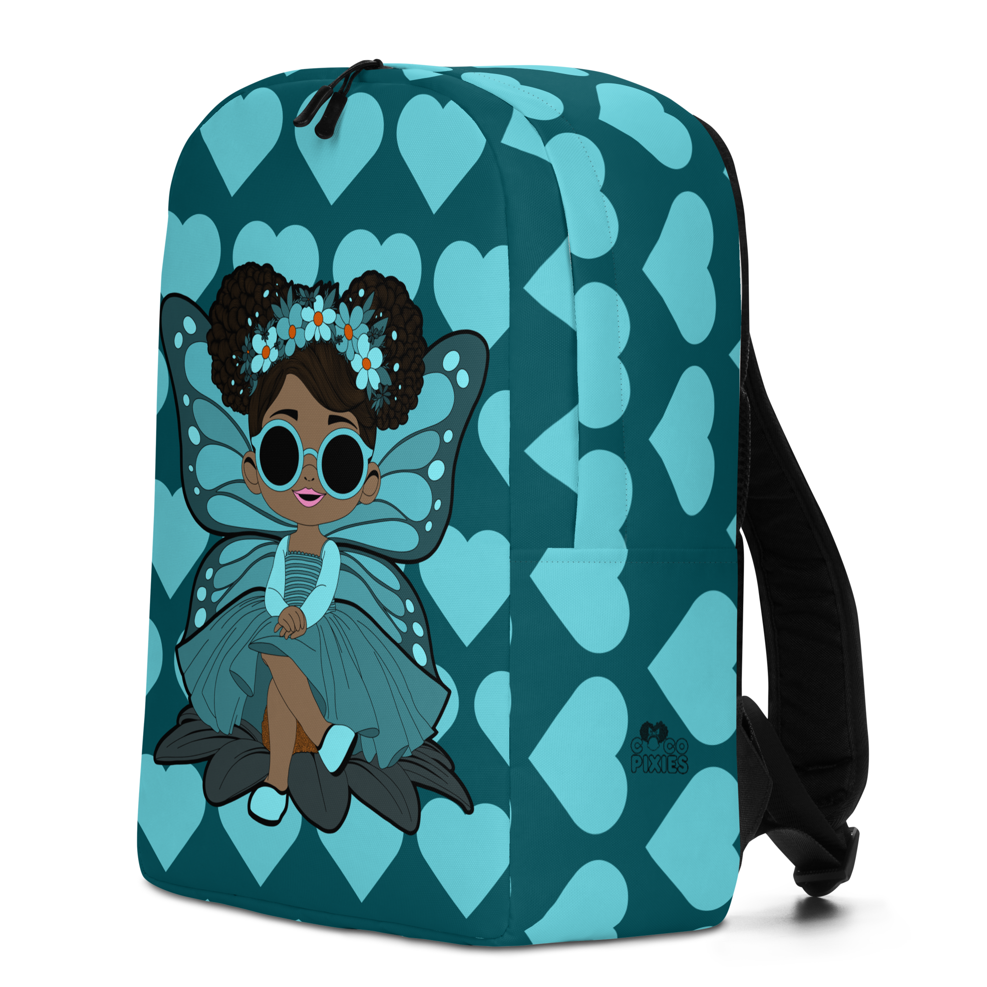 Sassy Sammy Pixie Backpack by Coco Pixies with deep teal heart pattern, afro puffs, sunglasses and teal wings