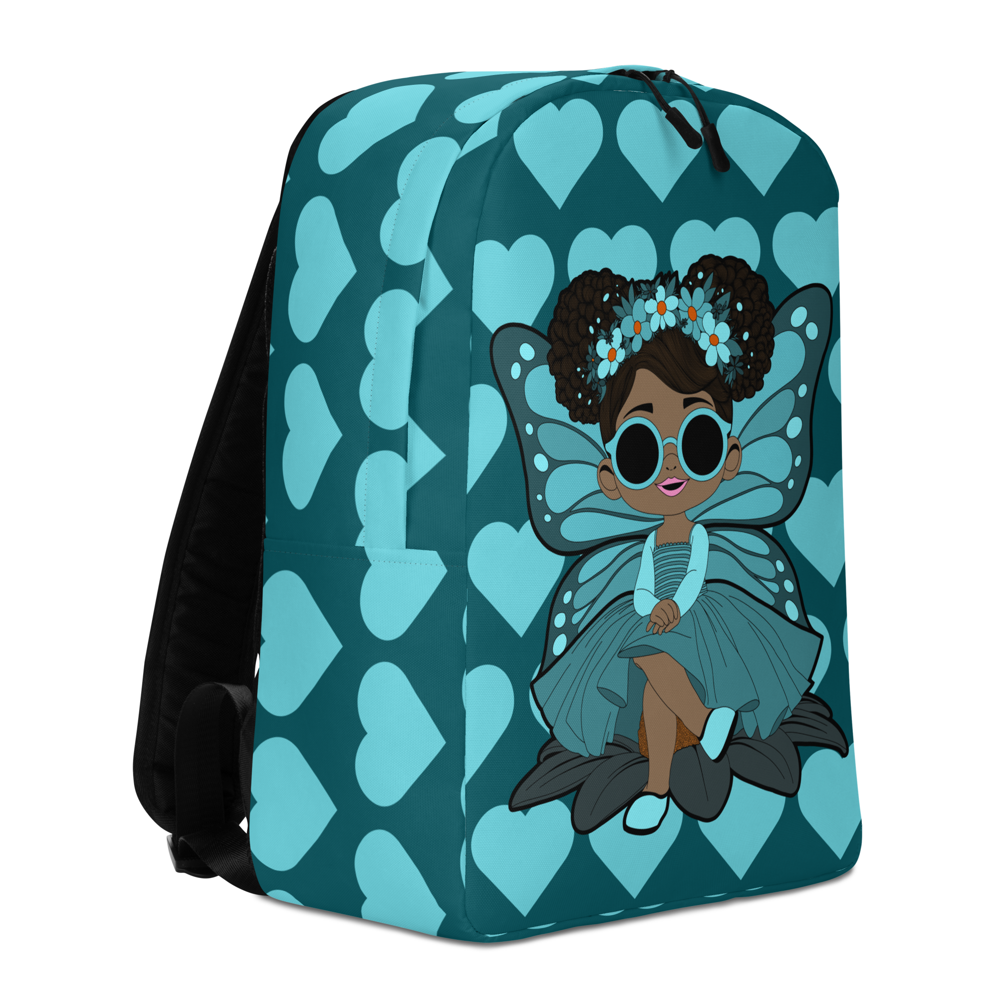 Sassy Sammy Pixie Backpack by Coco Pixies with deep teal heart pattern, afro puffs, sunglasses and teal wings