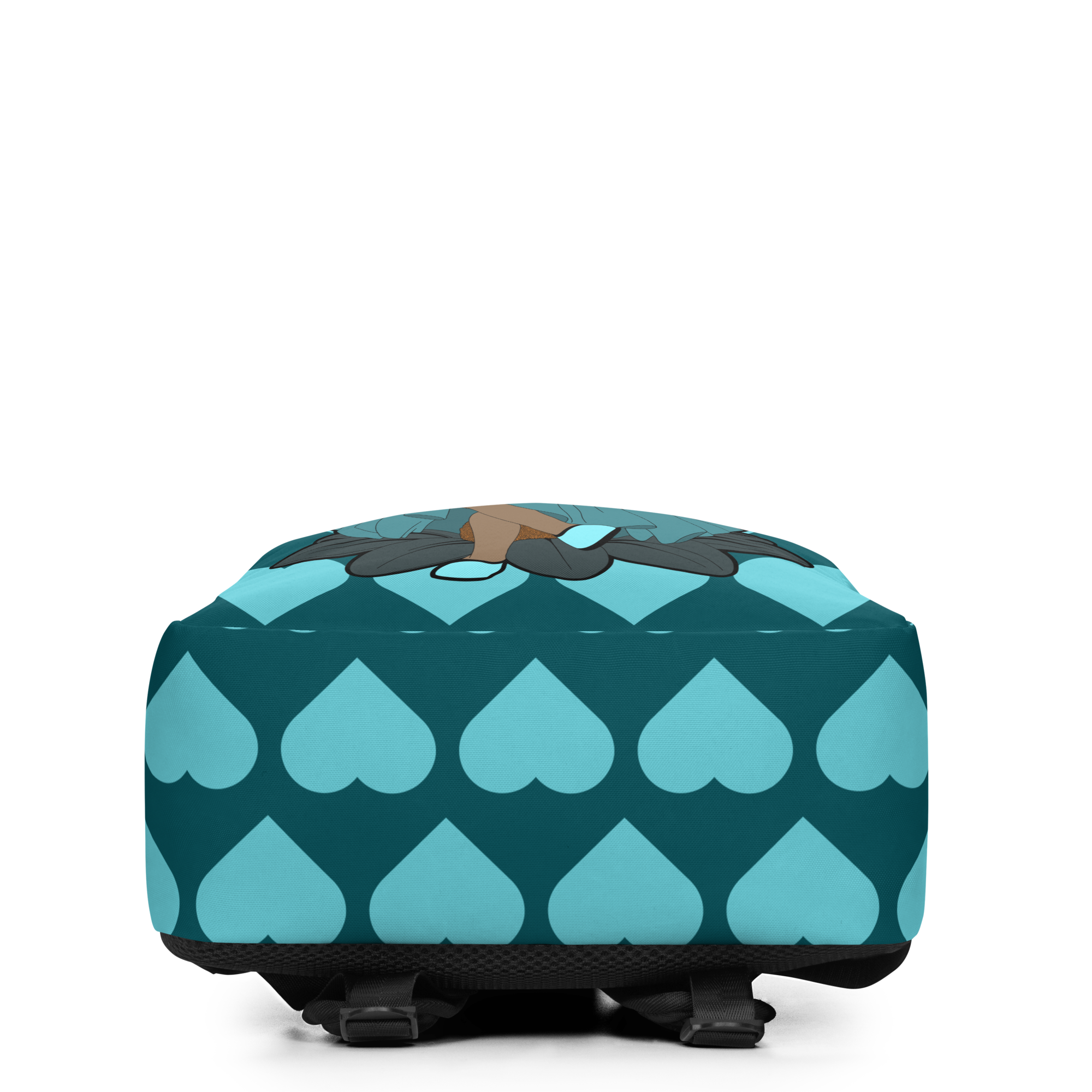 Sassy Sammy Pixie Backpack by Coco Pixies with deep teal heart pattern, afro puffs, sunglasses and teal wings
