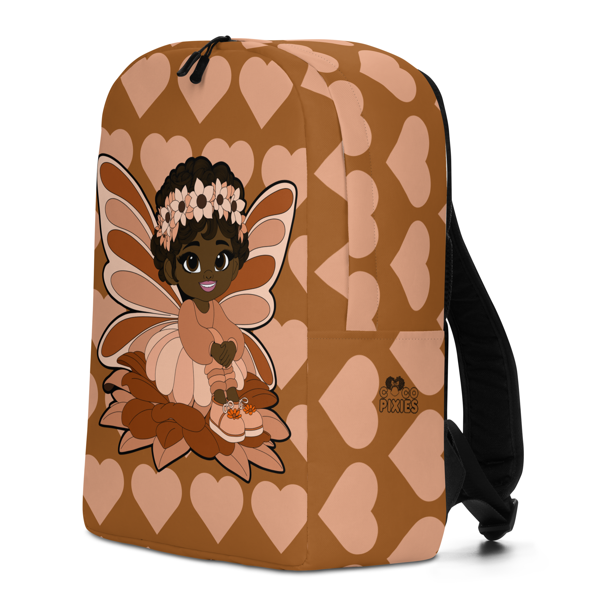 Sweet Sienna Pixie Backpack by Coco Pixies with a mocha background, peach hearts, and Black pixie artwork