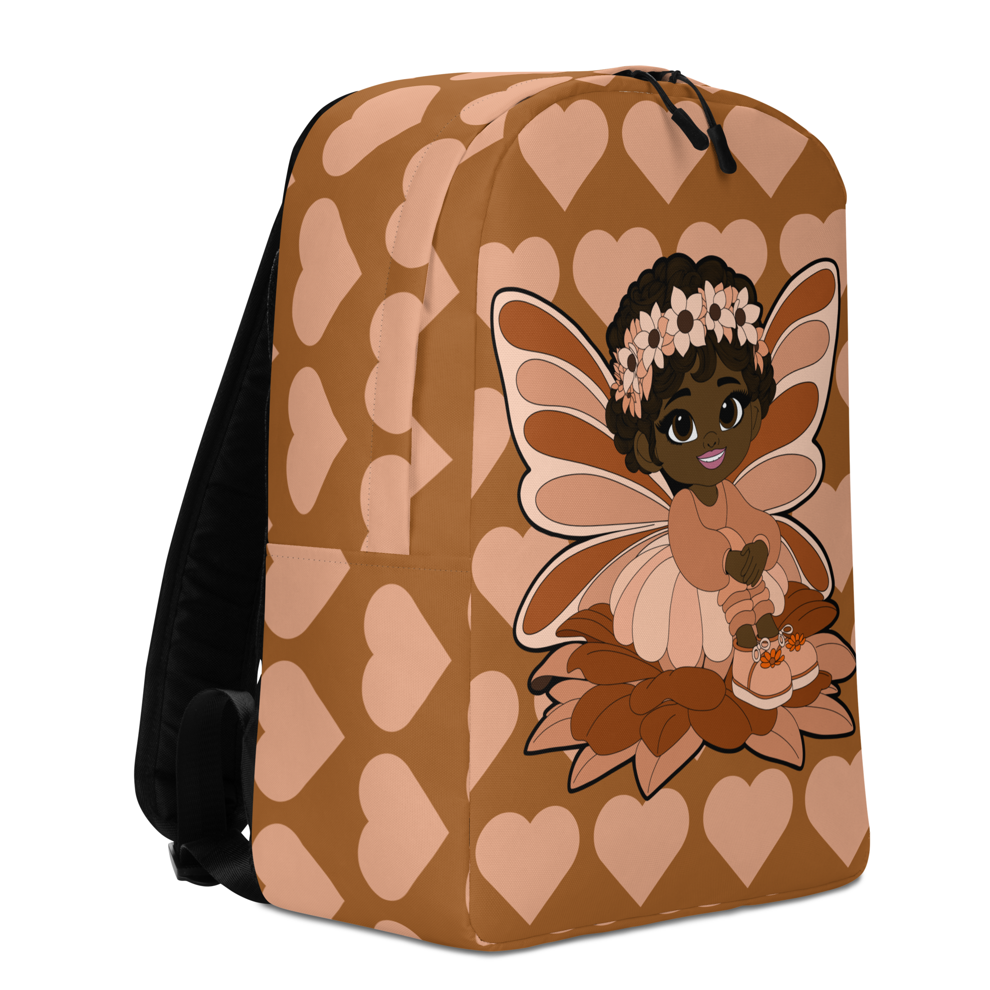 Sweet Sienna Pixie Backpack by Coco Pixies with a mocha background, peach hearts, and Black pixie artwork