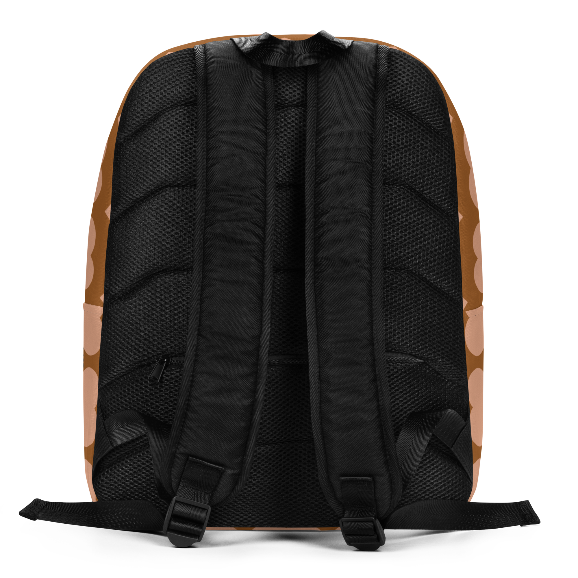 Sweet Sienna Pixie Backpack by Coco Pixies with a mocha background, peach hearts, and Black pixie artwork