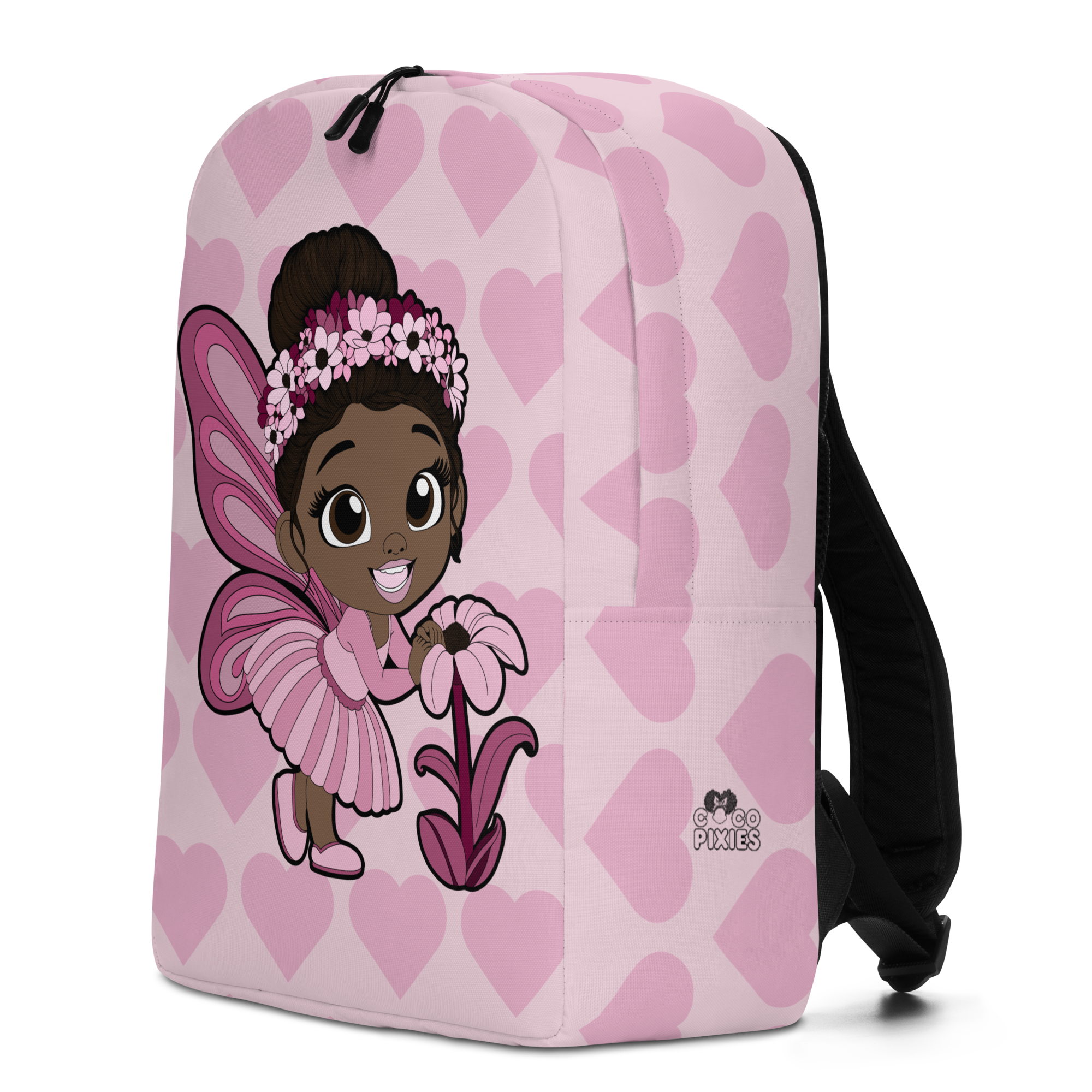 Tara Twinkle Pixie Backpack with Coco Pixies Blush Pink Signature Heart Pattern and floral artwork