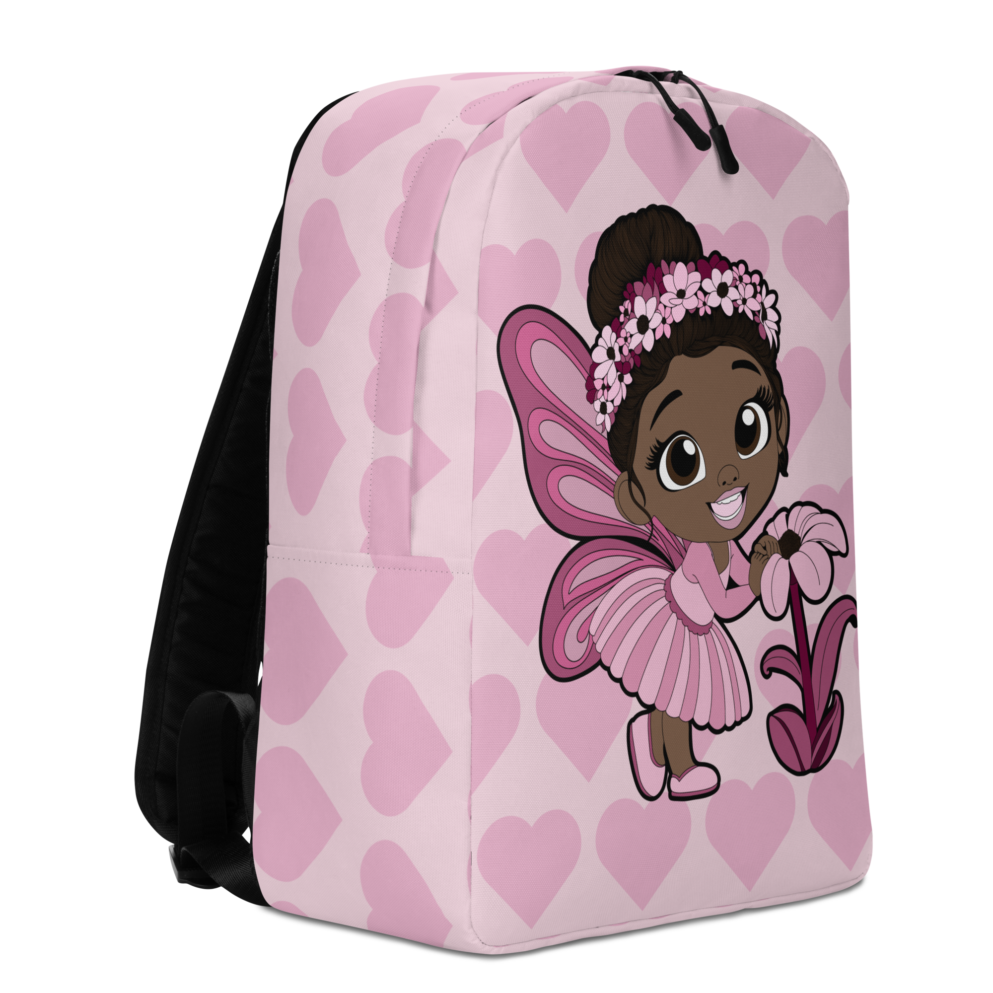 Tara Twinkle Pixie Backpack with Coco Pixies Blush Pink Signature Heart Pattern and floral artwork