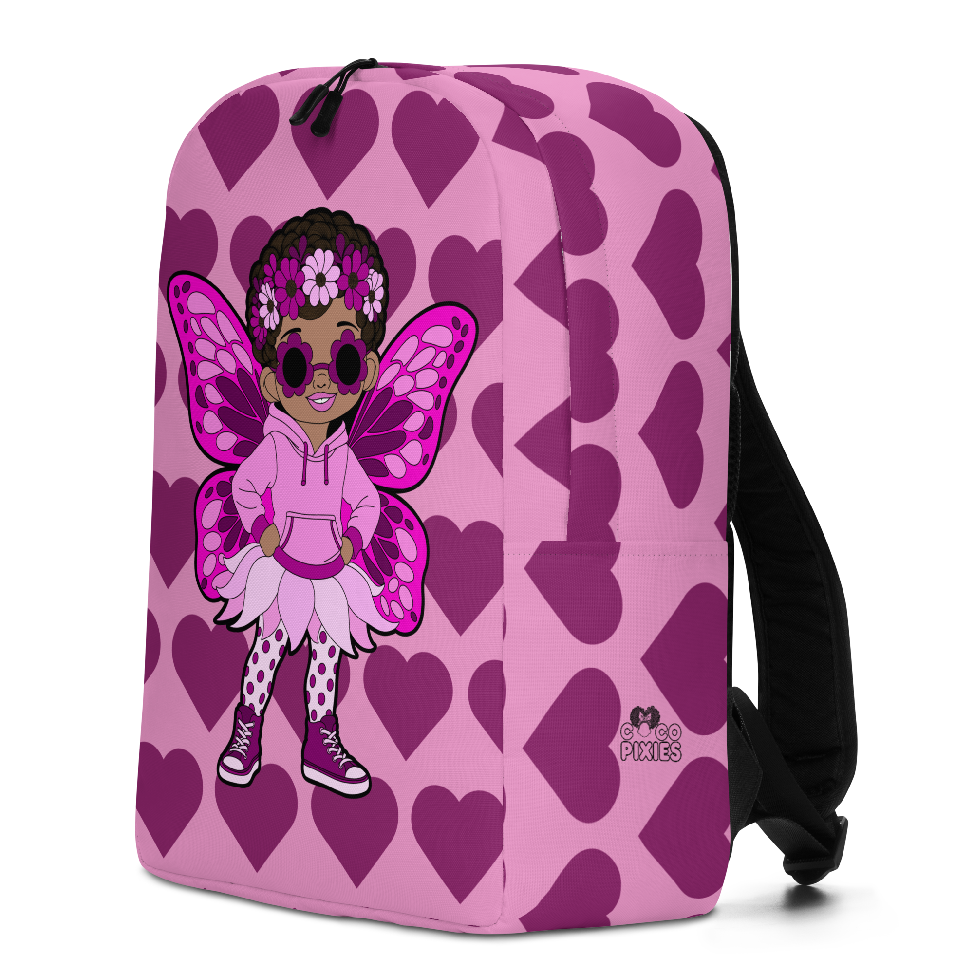 Teonna Twinklepuff Pixie Backpack by Coco Pixies featuring pink wings and a berry Signature Heart Pattern.