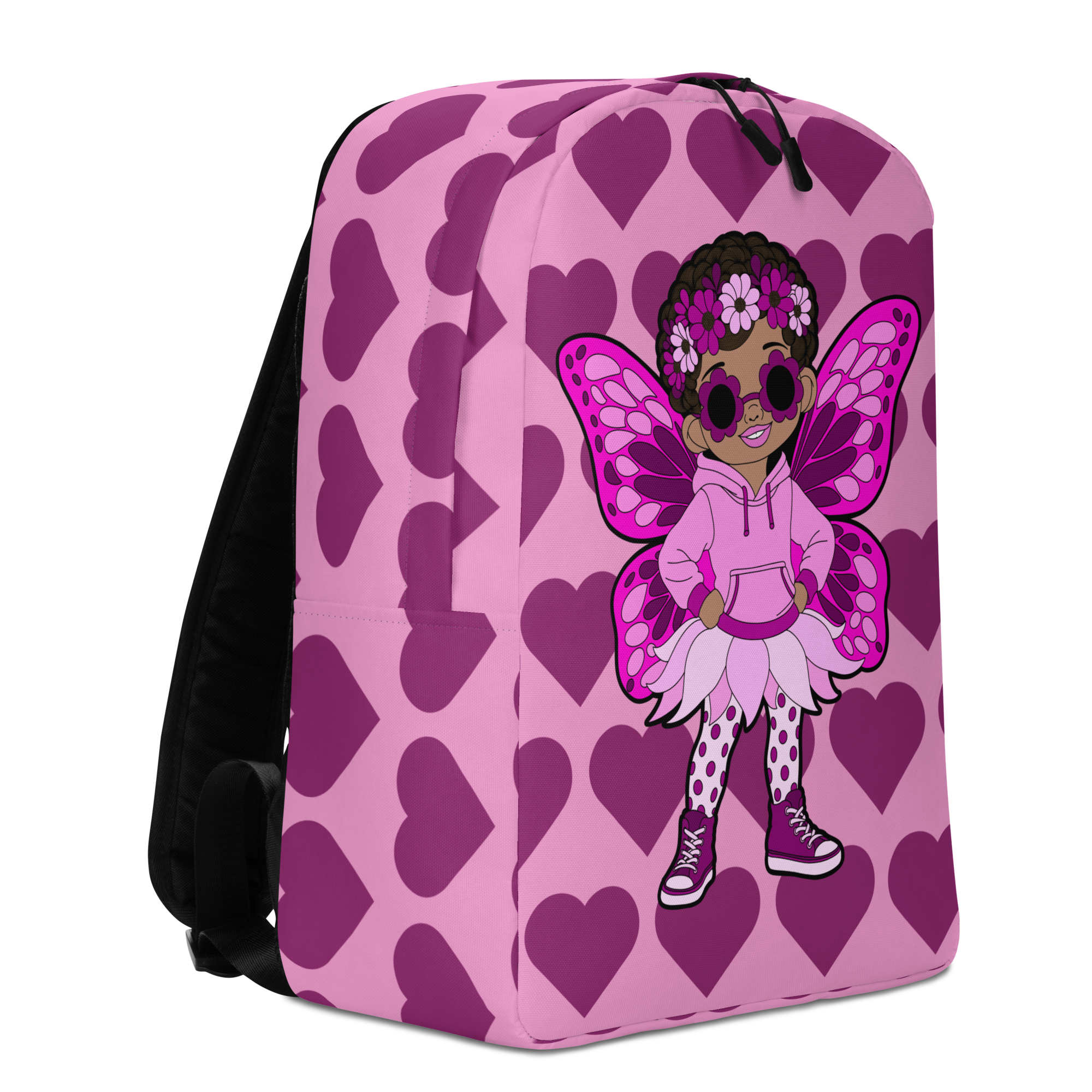 Teonna Twinklepuff Pixie Backpack by Coco Pixies featuring pink wings and a berry Signature Heart Pattern.