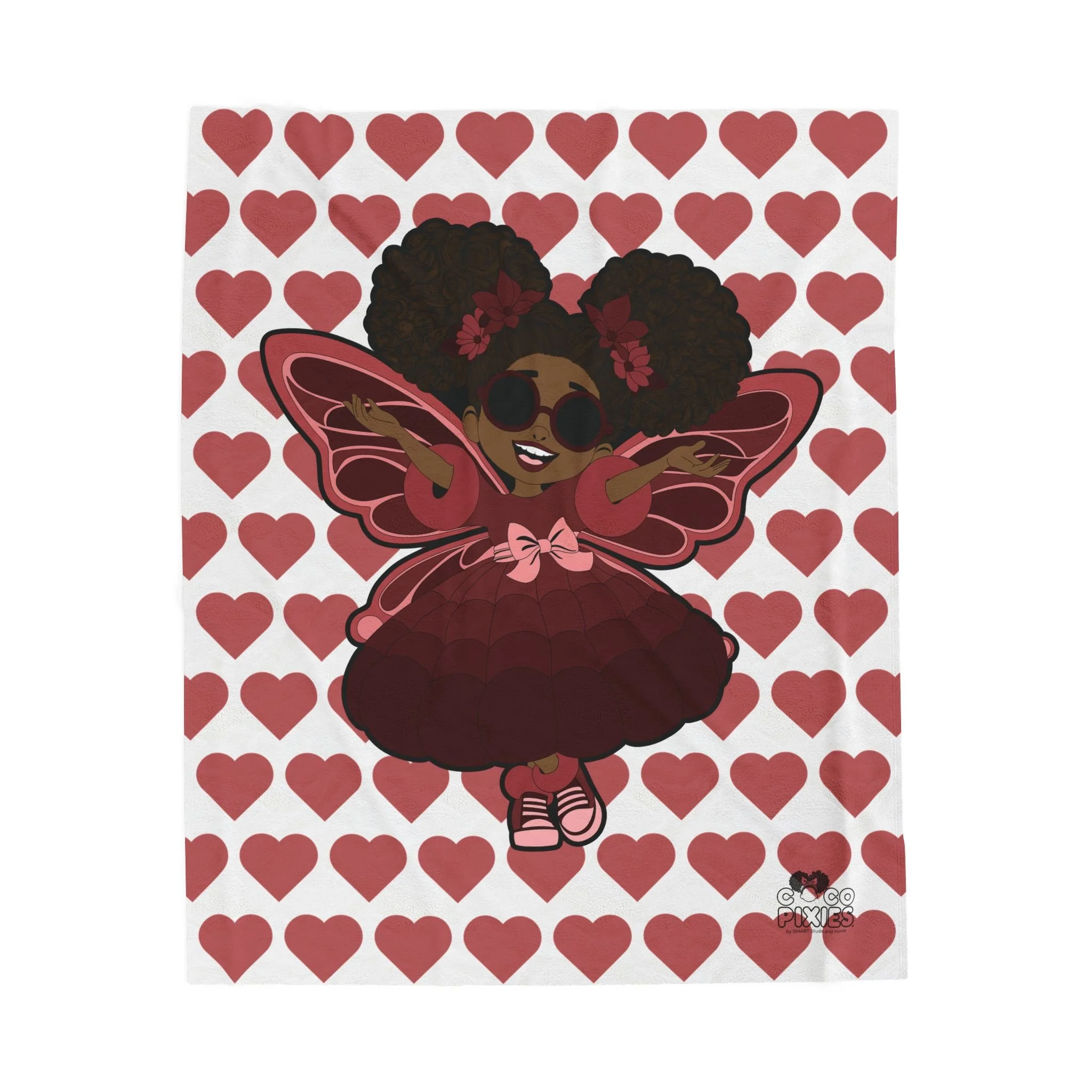 Radiant Ruby Pixie Velveteen Plush Blanket - Coco Pixies Signature Heart Pattern Throw, 50" x 60"