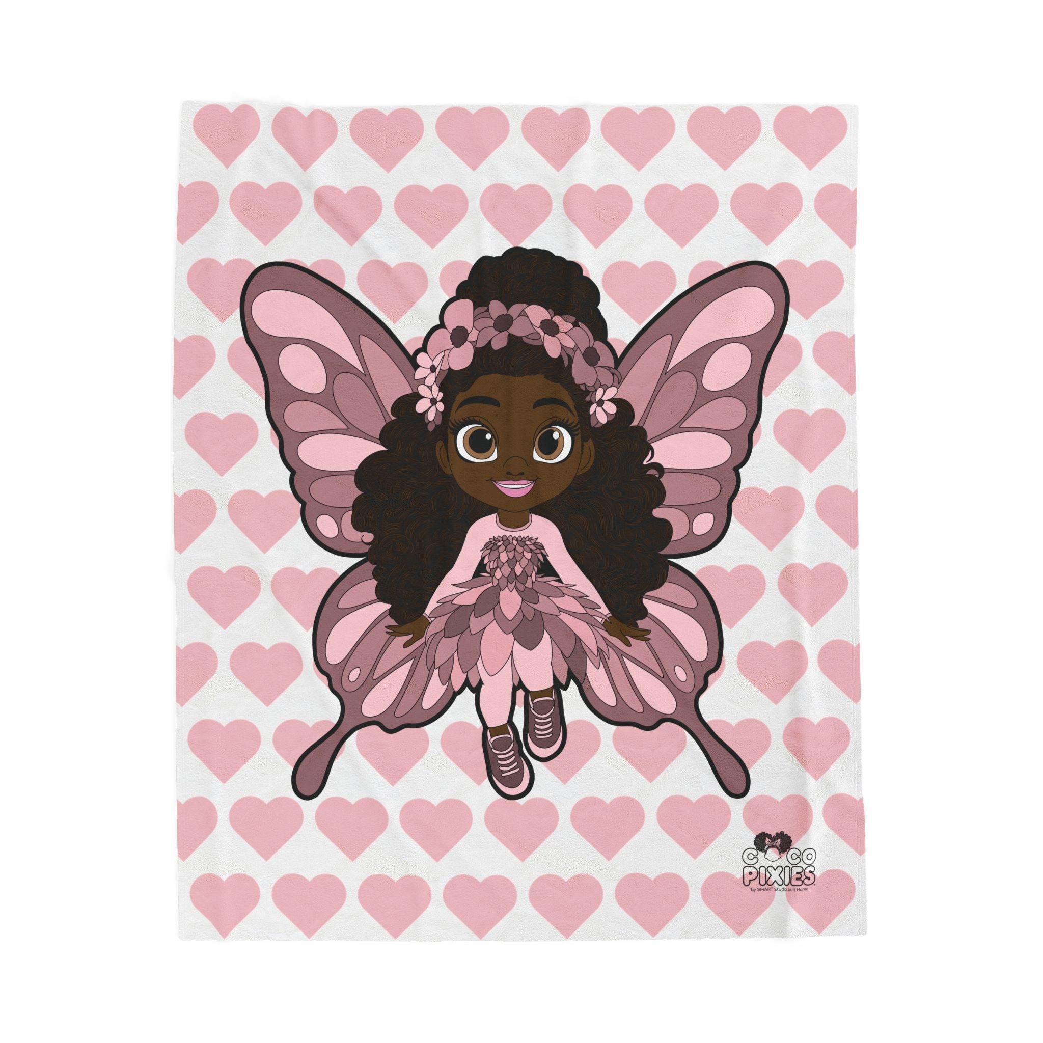 Penelope Pixie Velveteen Plush Blanket - Coco Pixies Signature Heart Pattern Throw, 50" x 60"