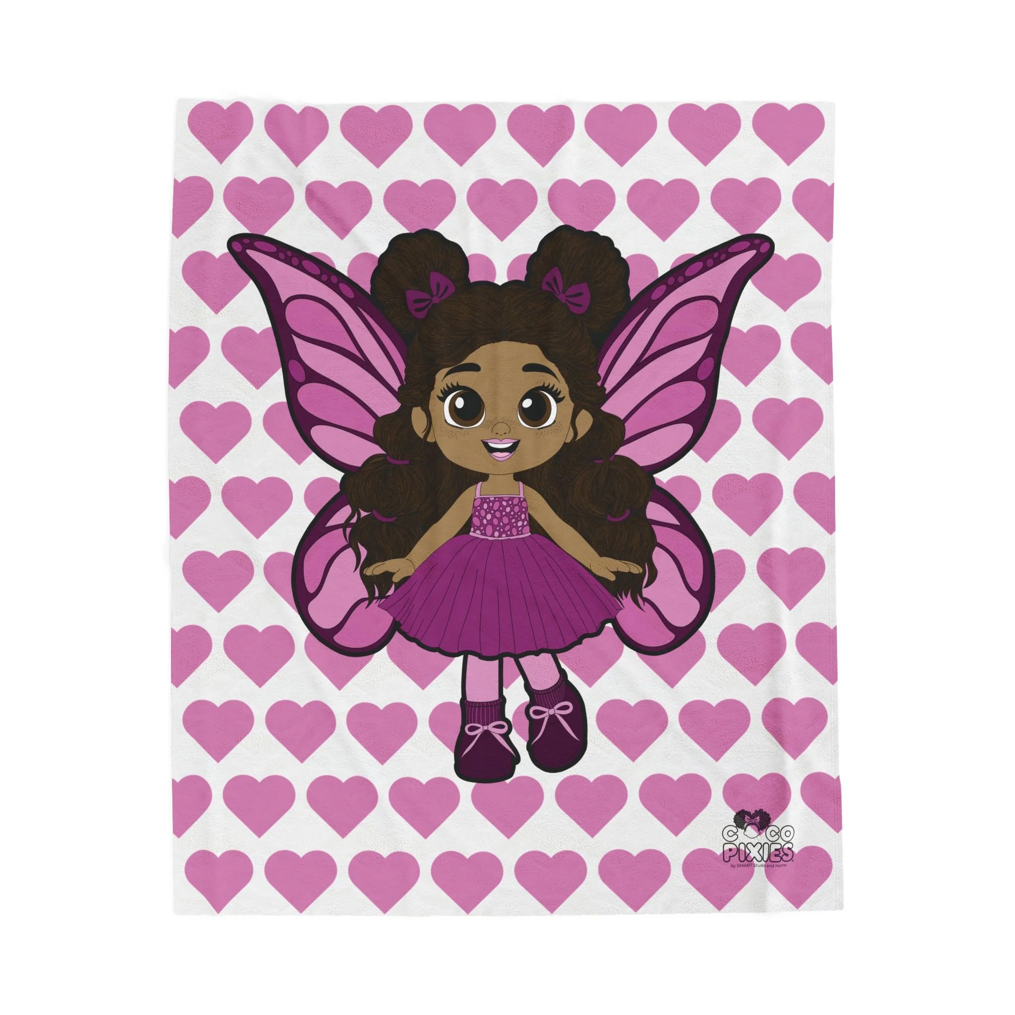 Fiona Flutter Pixie Velveteen Plush Blanket - Coco Pixies Signature Heart Pattern Throw, 50" x 60"