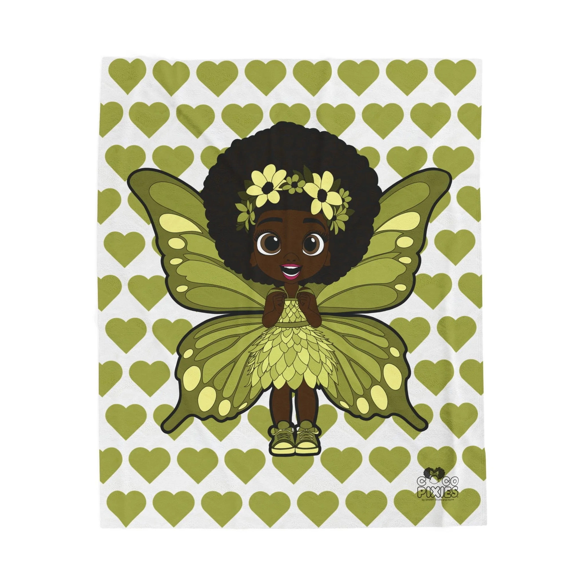 Cheerful Charlotte Pixie Velveteen Plush Blanket - Coco Pixies Signature Heart Pattern Throw, 50" x 60"