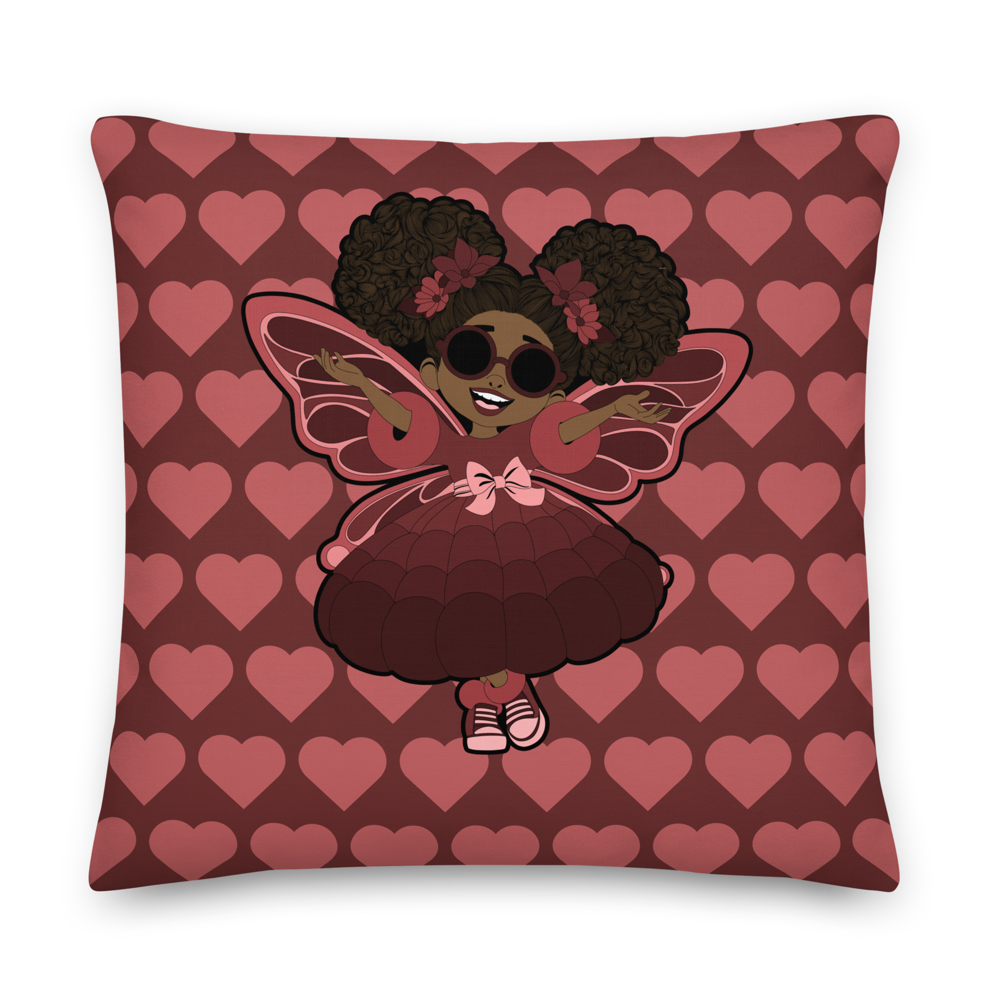 Radiant Ruby Pixie Heart Throw Pillow – Coco Pixies Burgundy Signature Heart Pattern Decorative Accent Pillow, 22" x 22"