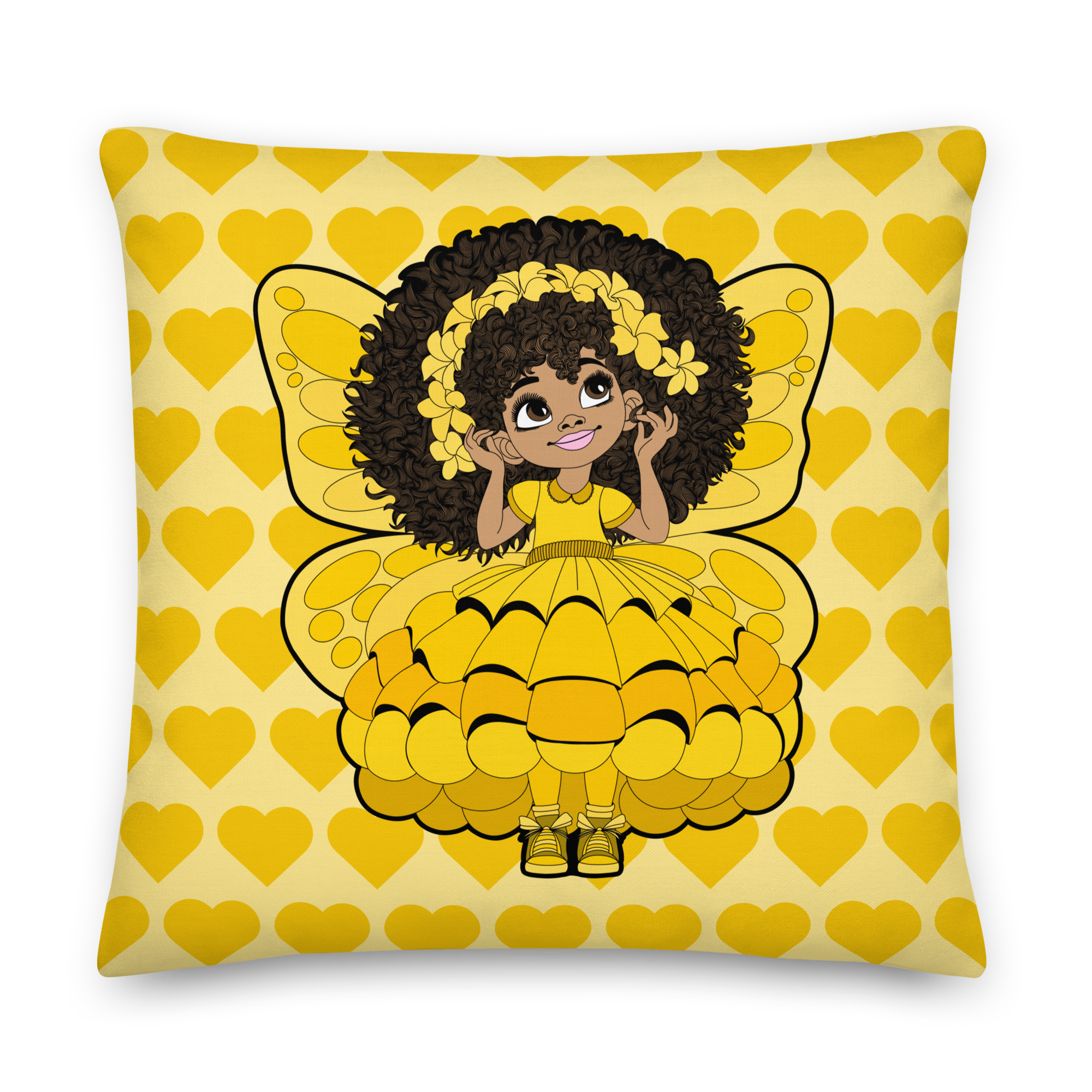 Blissful Brandie Pixie Heart Throw Pillow – Coco Pixies Golden Yellow Signature Heart Pattern Decorative Accent Pillow, 22" x 22"