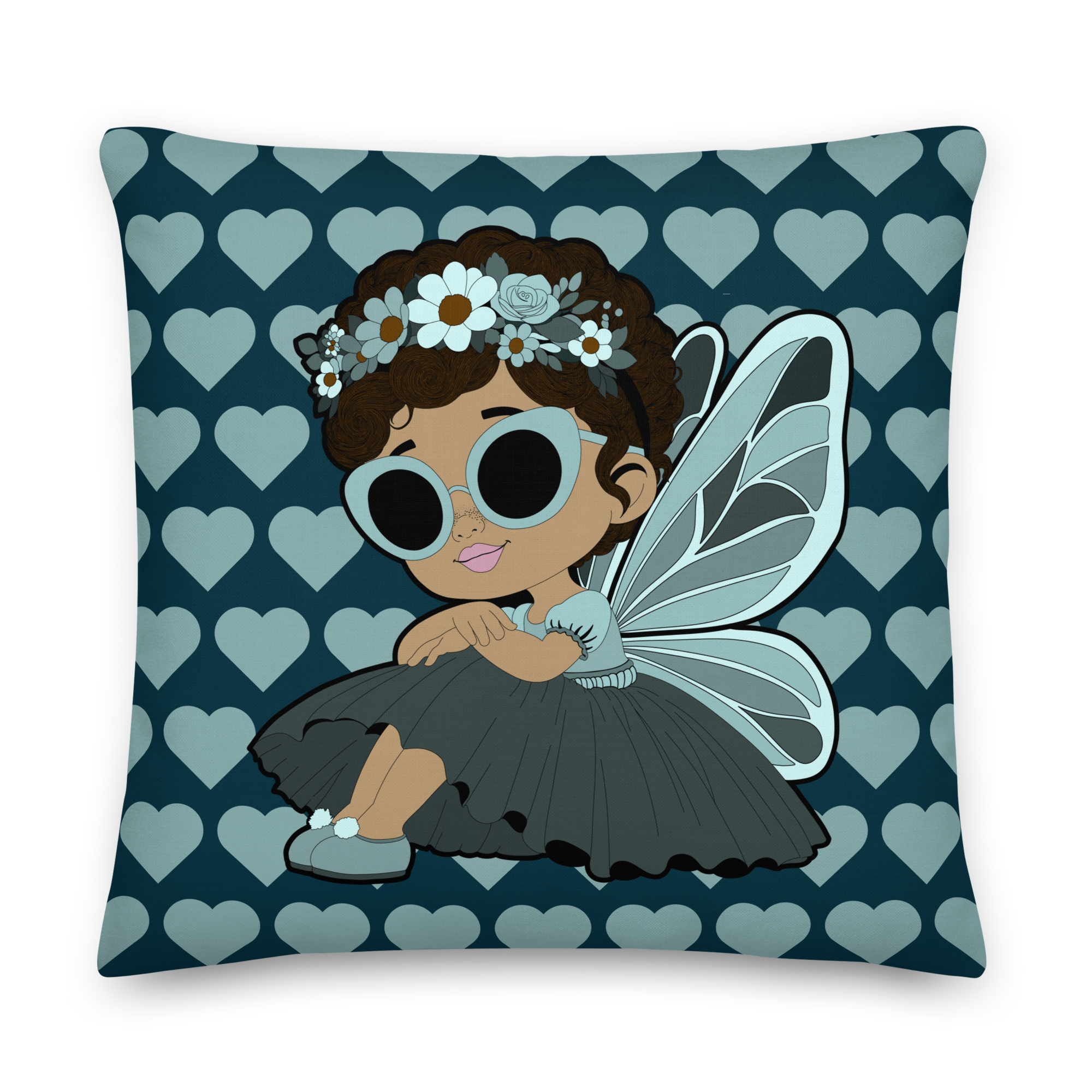 Pixie Piper Heart Throw Pillow - Coco Pixies Aqua Teal Signature Heart Pattern Decorative Accent Pillow, 22" x 22"