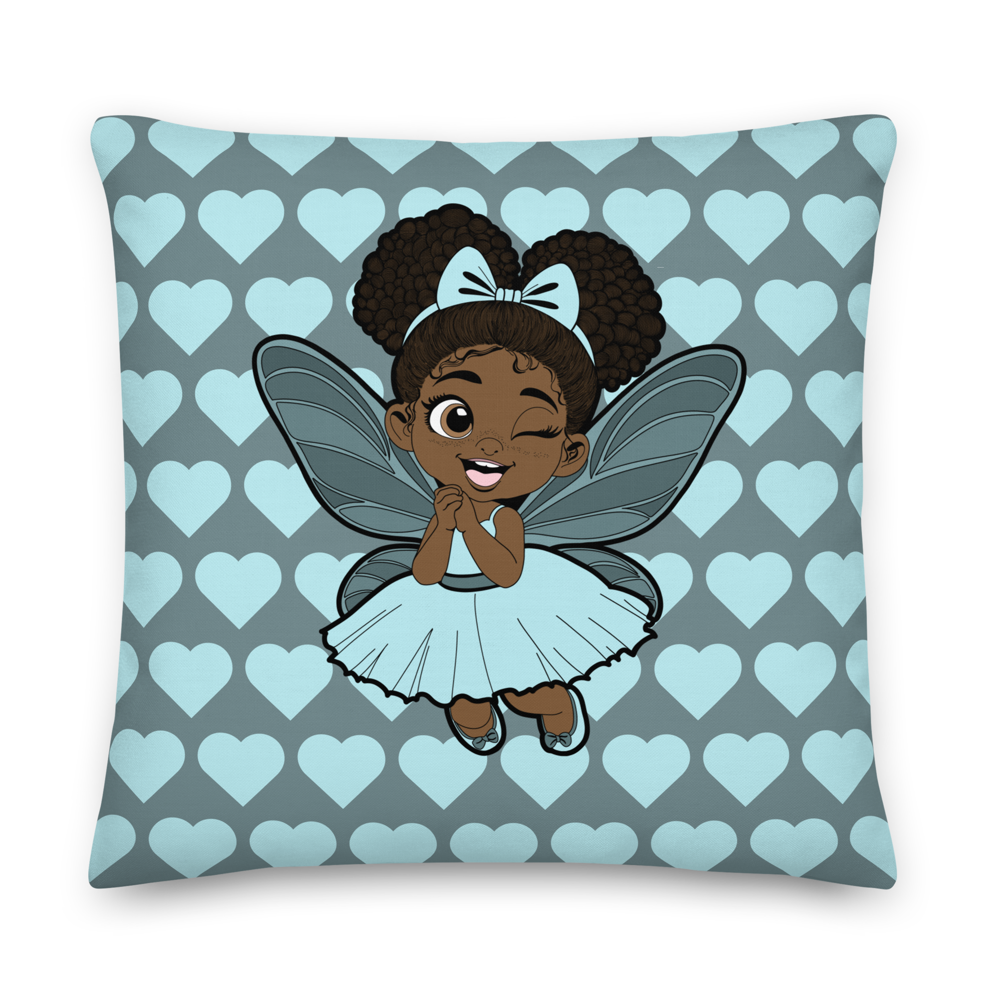 Gleeful Grace Pixie Heart Throw Pillow - Coco Pixies Icy Blue Signature Heart Pattern Decorative Accent Pillow, 22" x 22"