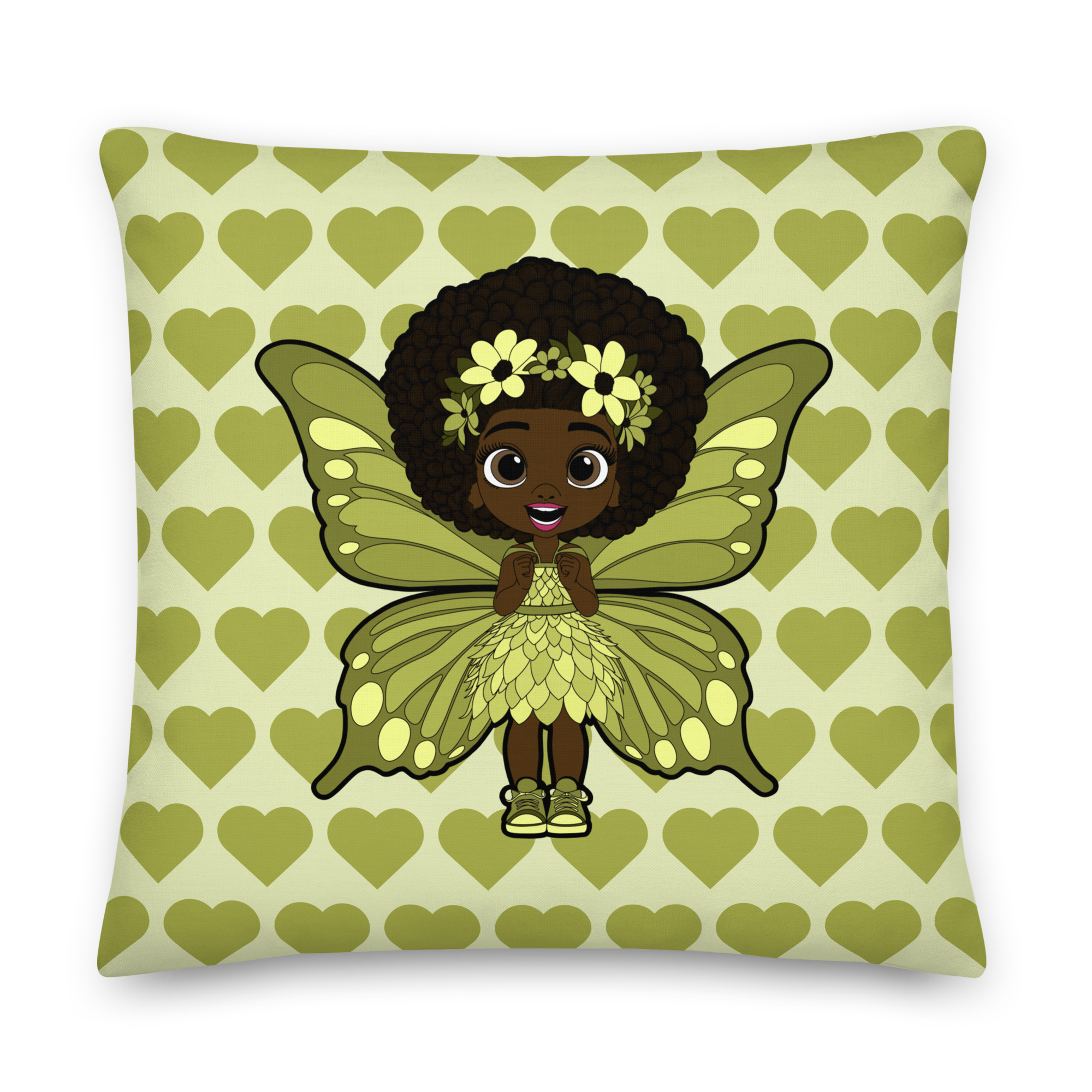 Cheerful Charlotte Pixie Heart Throw Pillow - Coco Pixies Soft Green Signature Heart Pattern Decorative Accent Pillow, 22" x 22"