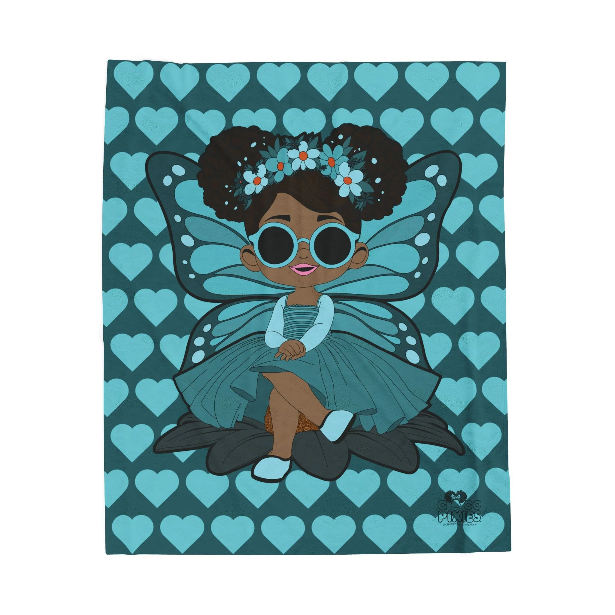 Sassy Sammy Pixie Velveteen Plush Blanket - Coco Pixies Deep Teal Signature Heart Pattern Throw, 50" x 60"