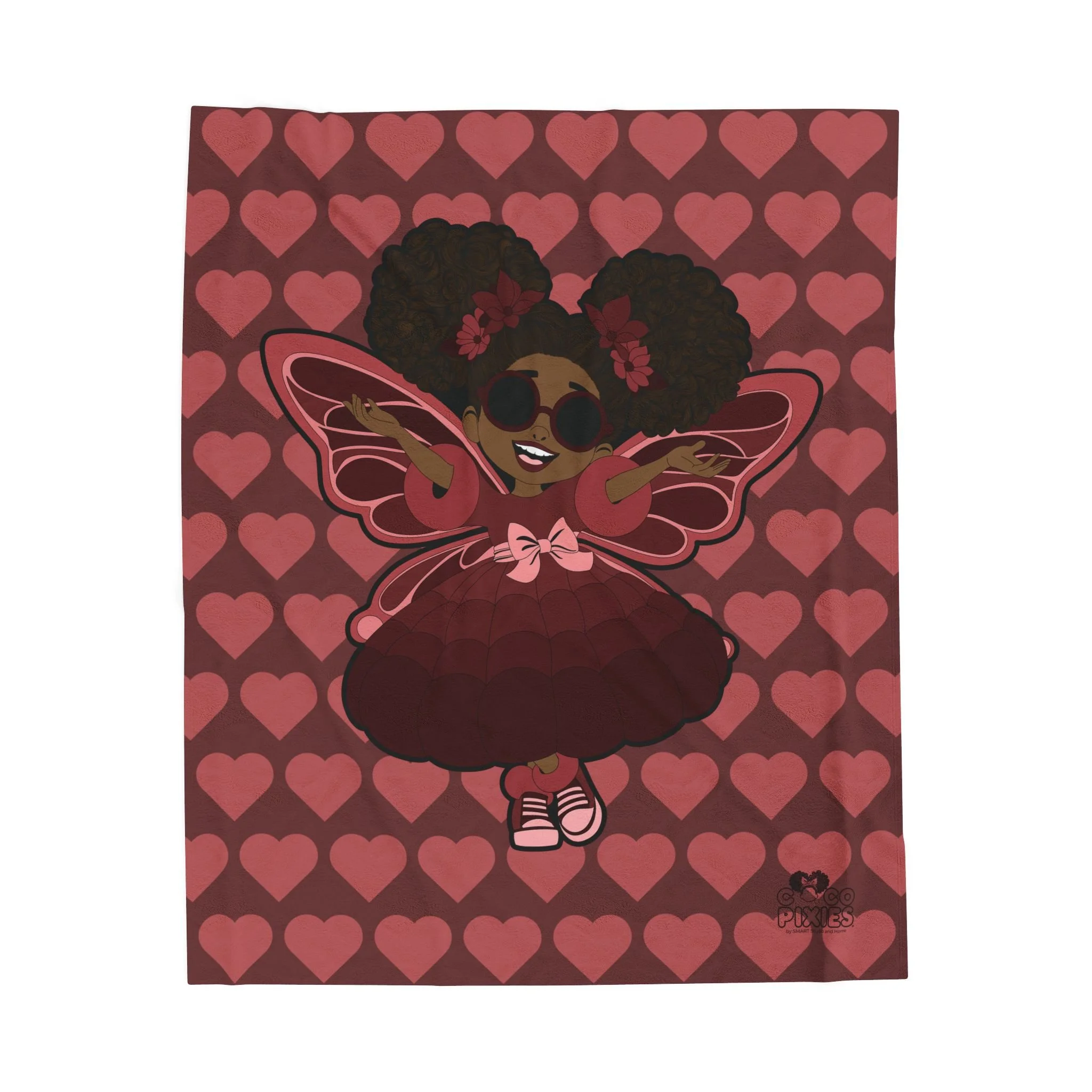 Radiant Ruby Pixie Velveteen Plush Blanket - Coco Pixies Burgundy Signature Heart Pattern Throw, 50" x 60"