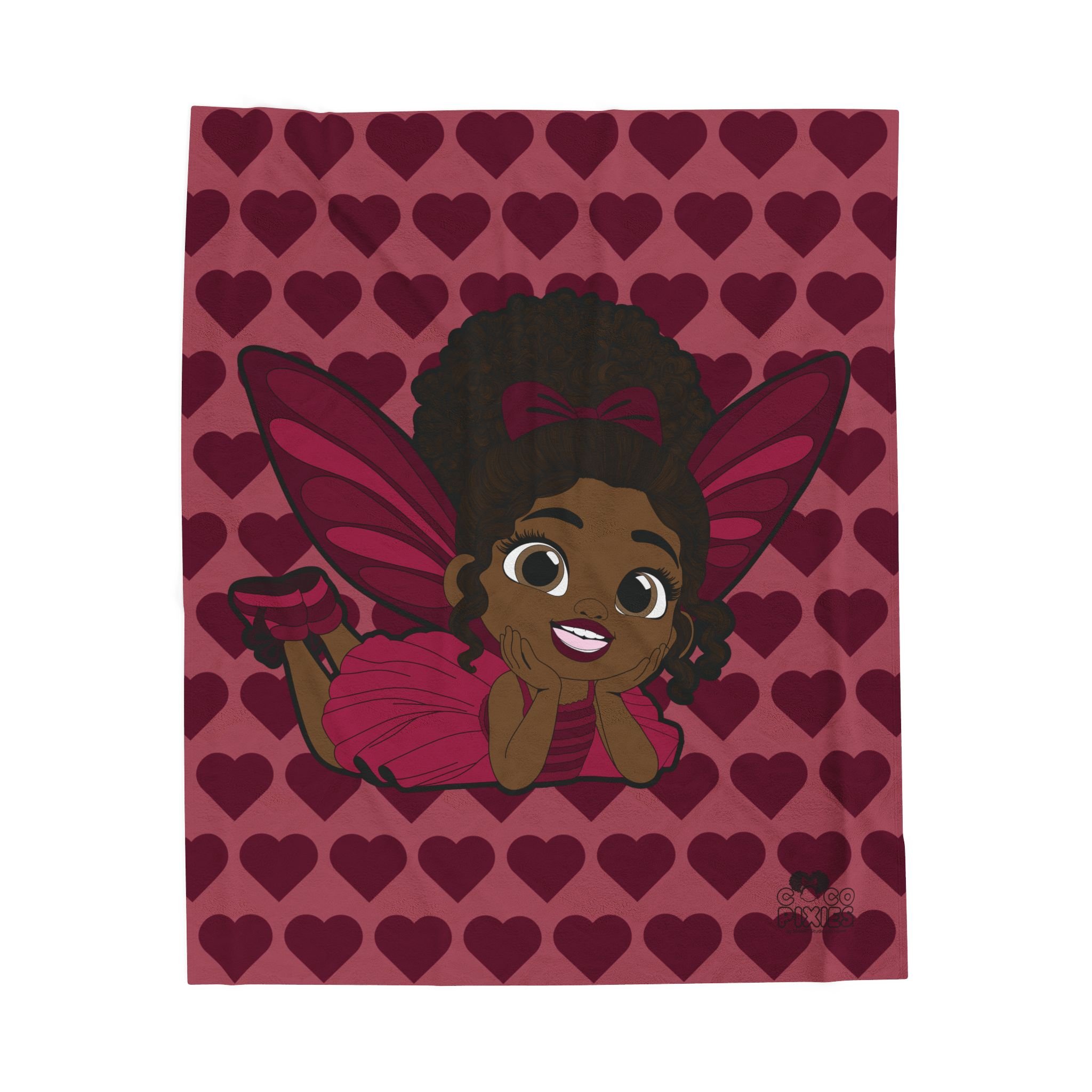 Happy Harper Pixie Velveteen Plush Blanket - Coco Pixies Deep Rose Signature Heart Pattern Throw, 50" x 60"