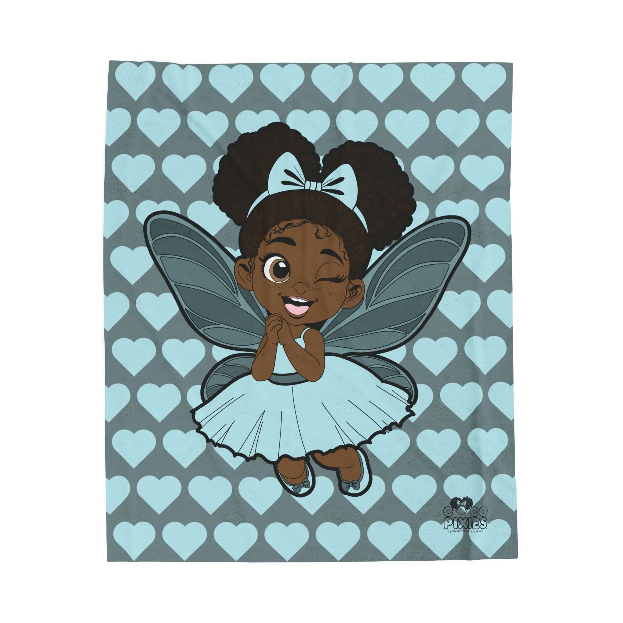Gleeful Grace Pixie Velveteen Plush Blanket - Coco Pixies Icy Blue Signature Heart Pattern Throw, 50" x 60"