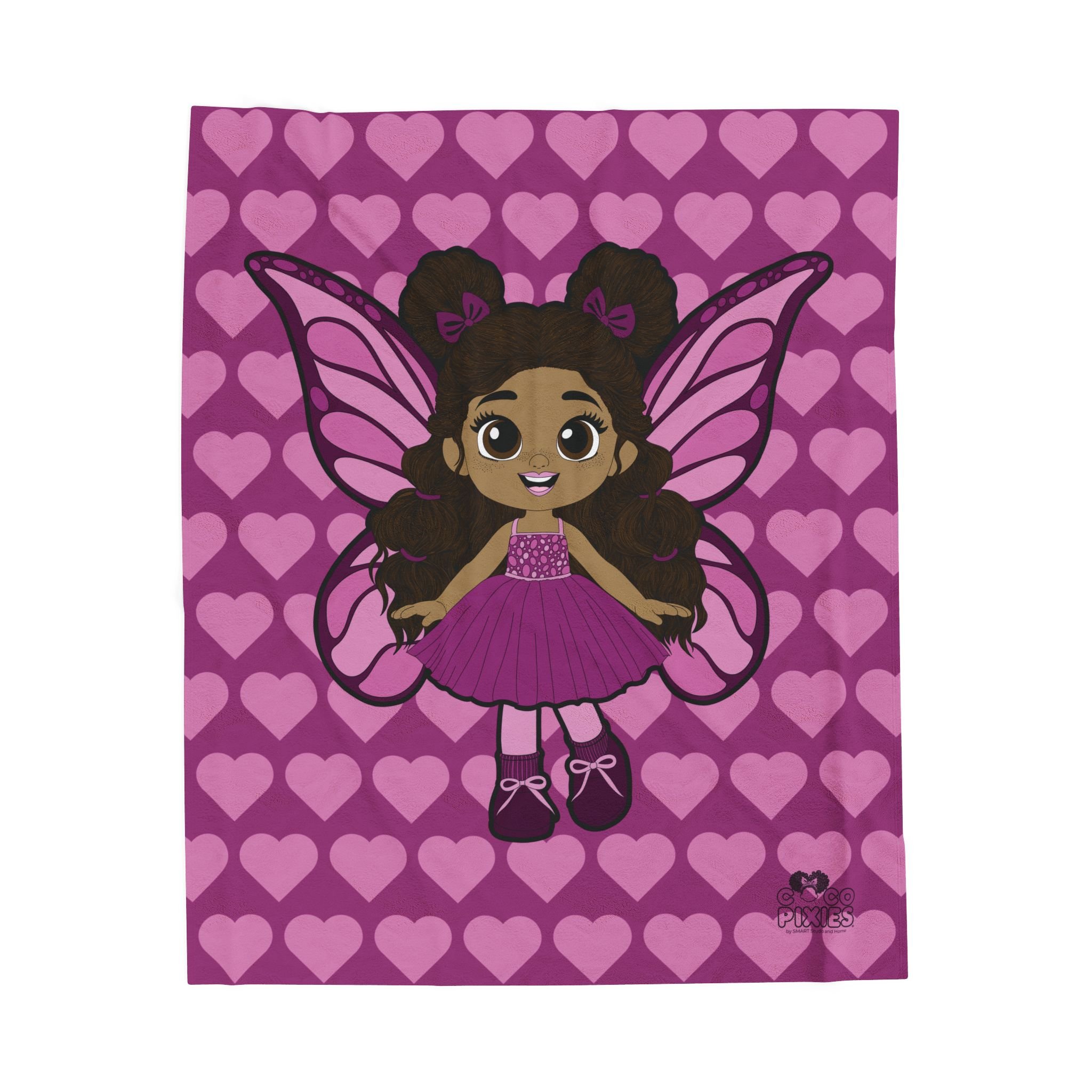 Fiona Flutter Pixie Velveteen Plush Blanket - Coco Pixies Magenta Signature Heart Pattern Throw, 50" x 60"