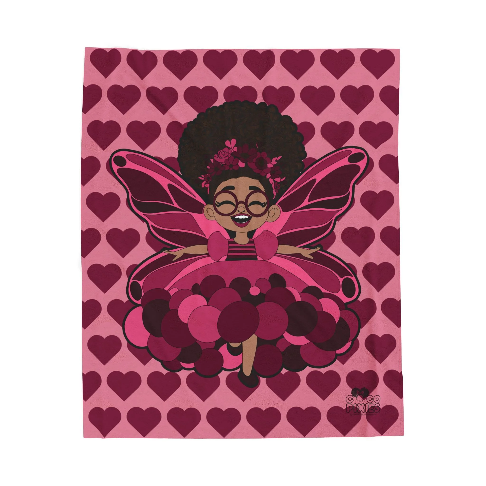 Delightful Daisy Pixie Velveteen Plush Blanket - Coco Pixies Berry Pink Signature Heart Pattern Throw, 50" x 60"