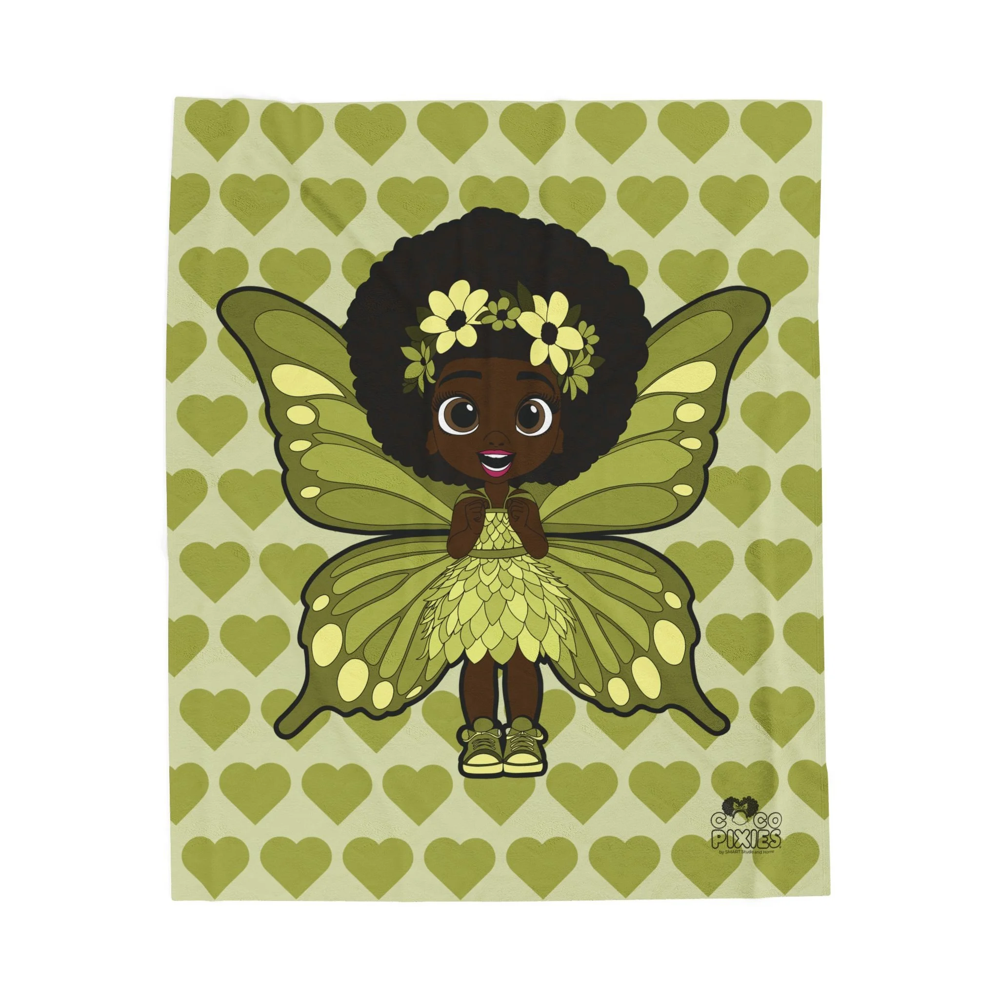 Cheerful Charlotte Pixie Velveteen Plush Blanket - Coco Pixies Soft Green Signature Heart Pattern Throw, 50" x 60"