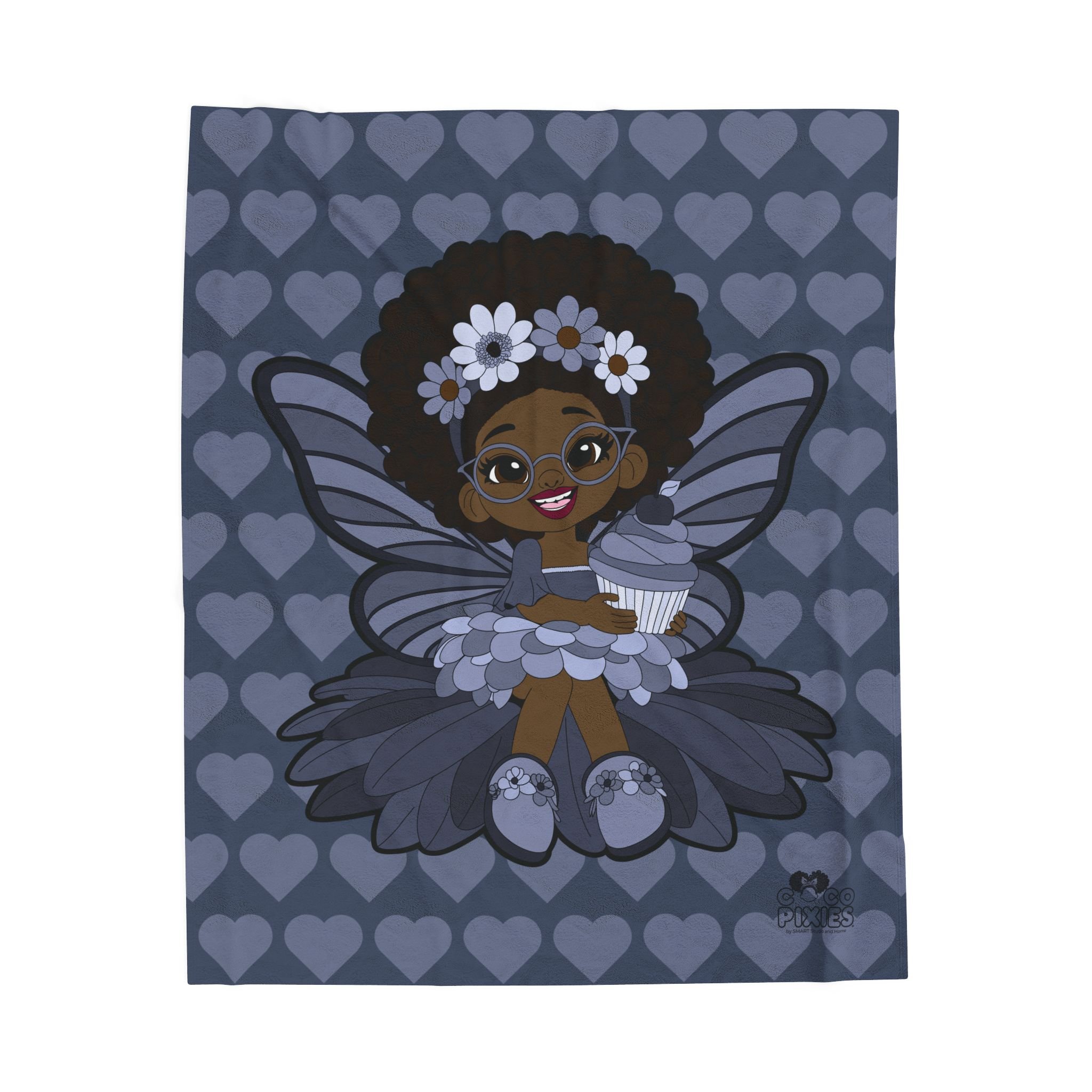 Bubbly Brooke Pixie Velveteen Plush Blanket - Coco Pixies Cool Blue Signature Heart Pattern Throw, 50" x 60"