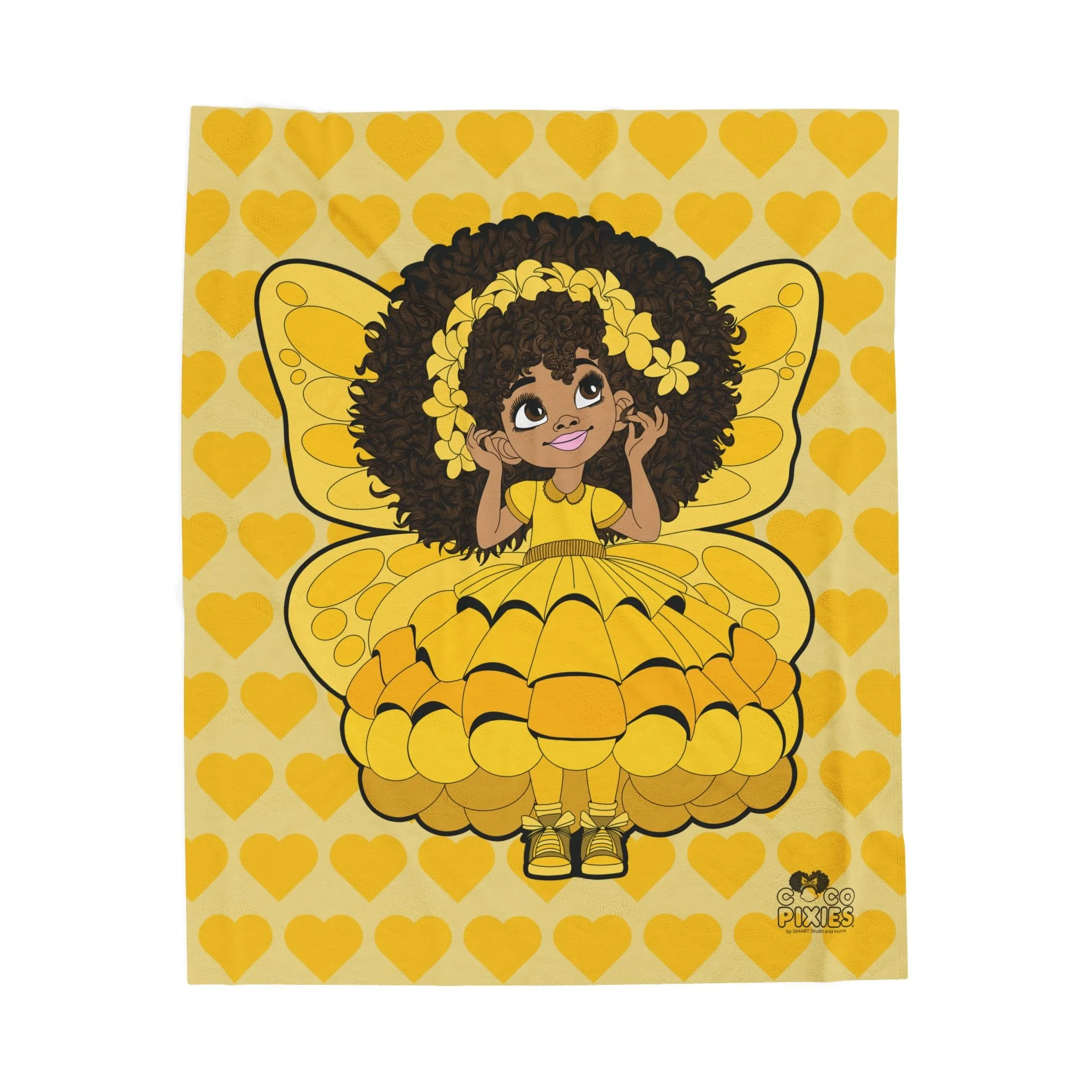 Blissful Brandie Pixie Velveteen Plush Blanket - Coco Pixies Golden Yellow Signature Heart Pattern Throw, 50" x 60"