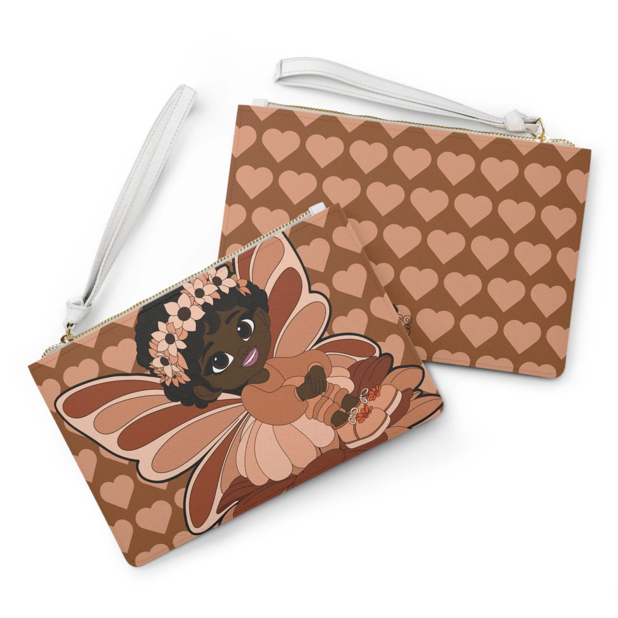 Sweet Sienna Pixie Clutch Bag - Coco Pixies Mocha Signature Heart Pattern Wristlet With Zipper