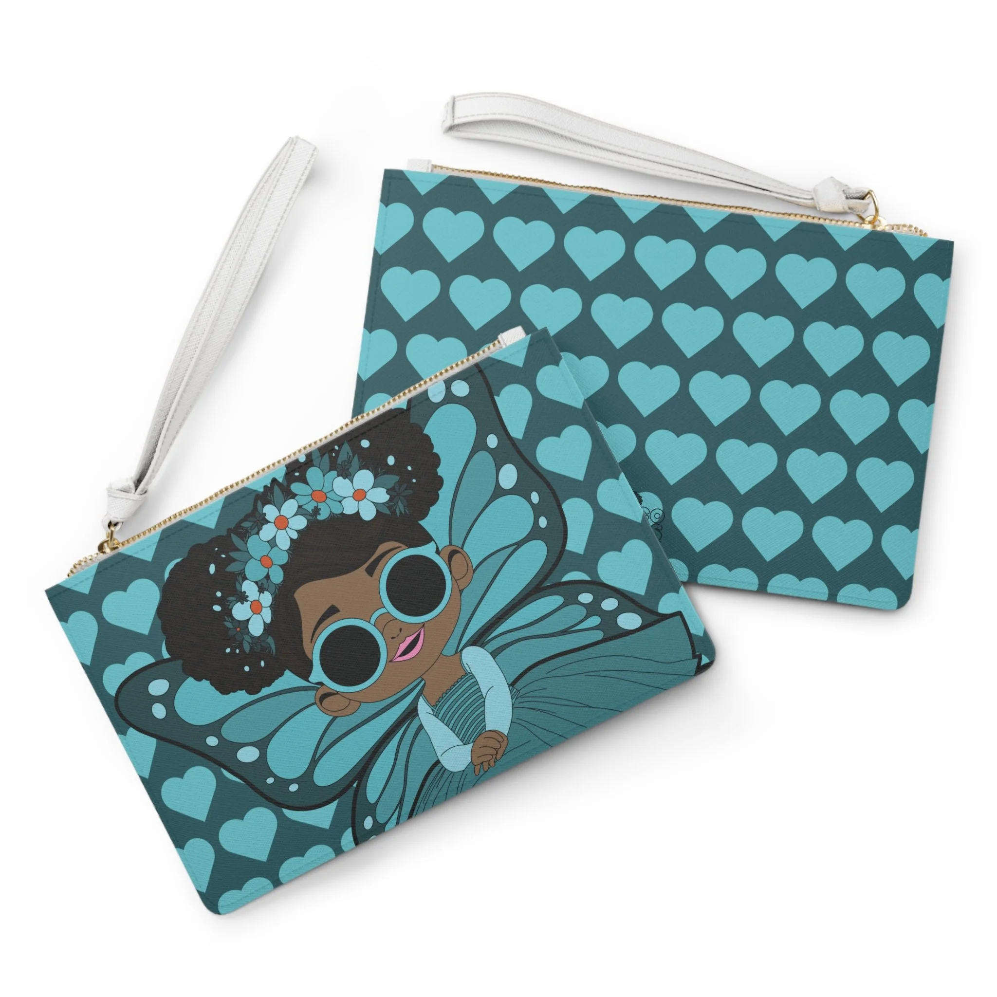 Sassy Sammy Pixie Clutch Bag - Coco Pixies Deep Teal Signature Heart Pattern Wristlet With Zipper