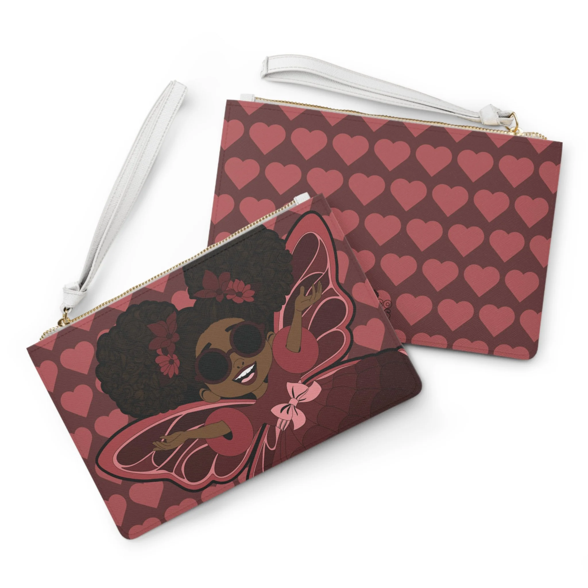 Radiant Ruby Pixie Clutch Bag - Coco Pixies Burgundy Signature Heart Pattern Wristlet With Zipper