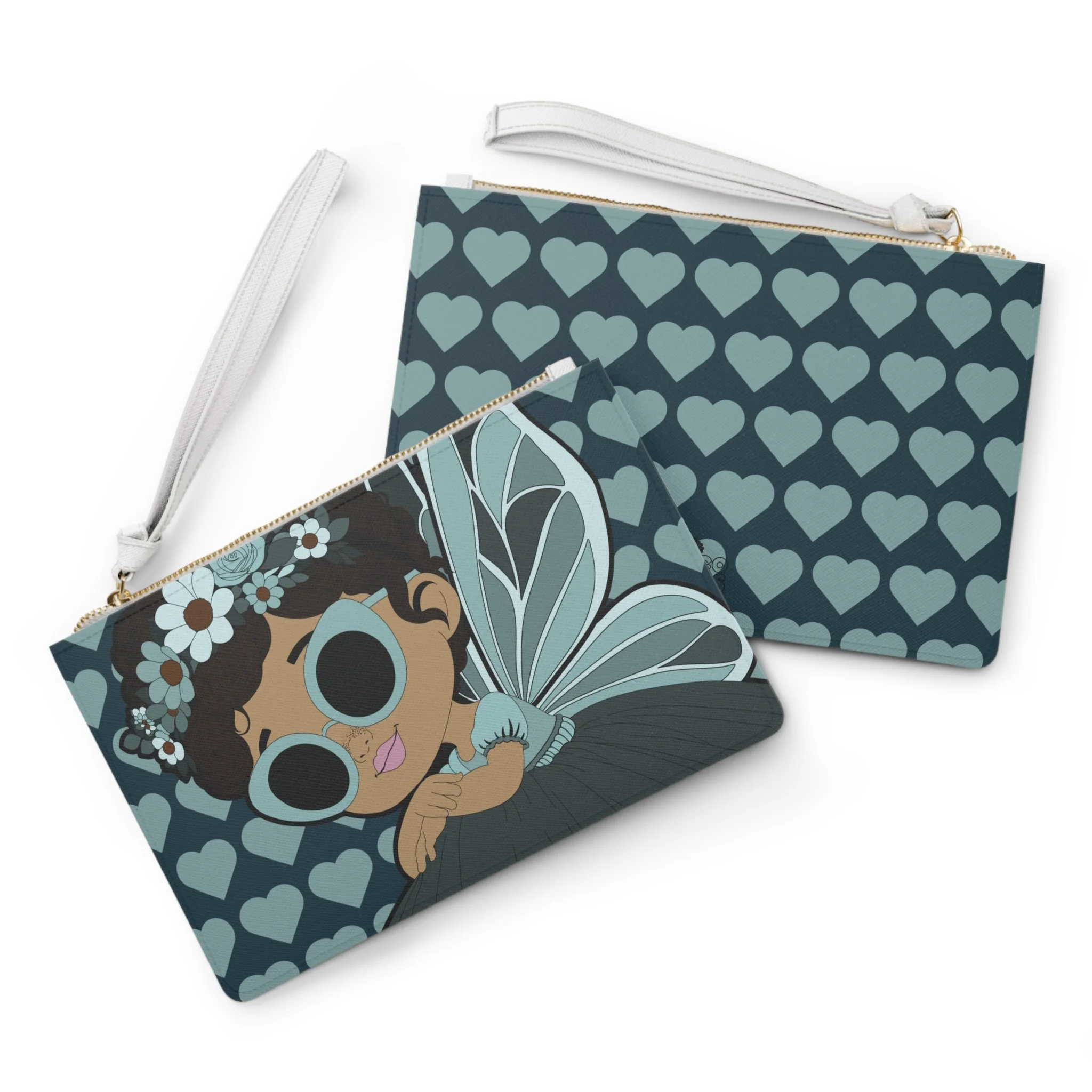 Pixie Piper Clutch Bag - Coco Pixies Aqua Teal Signature Heart Pattern Wristlet With Zipper