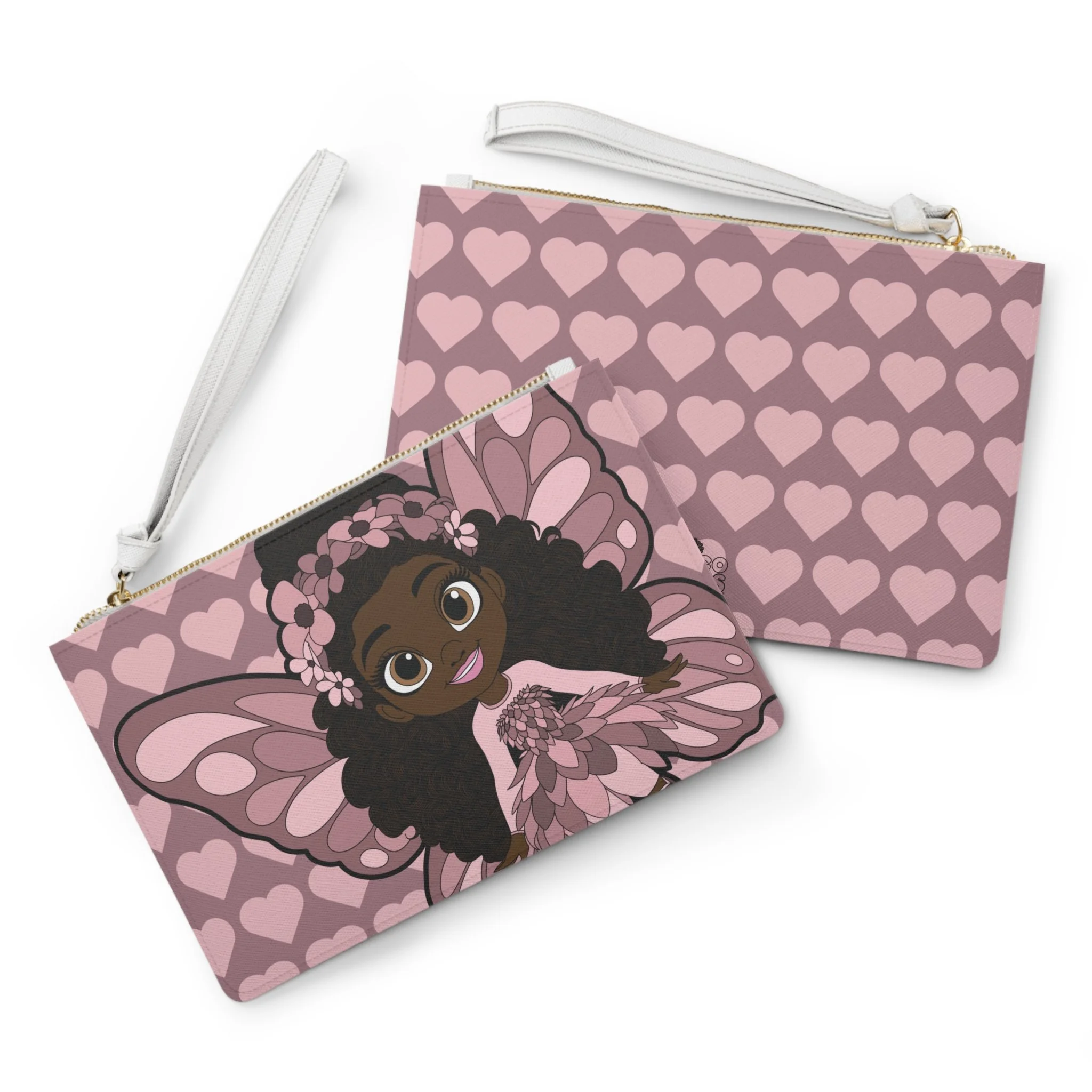 Penelope Pixie Clutch Bag - Coco Pixies Dusty Rose Signature Heart Pattern Wristlet With Zipper