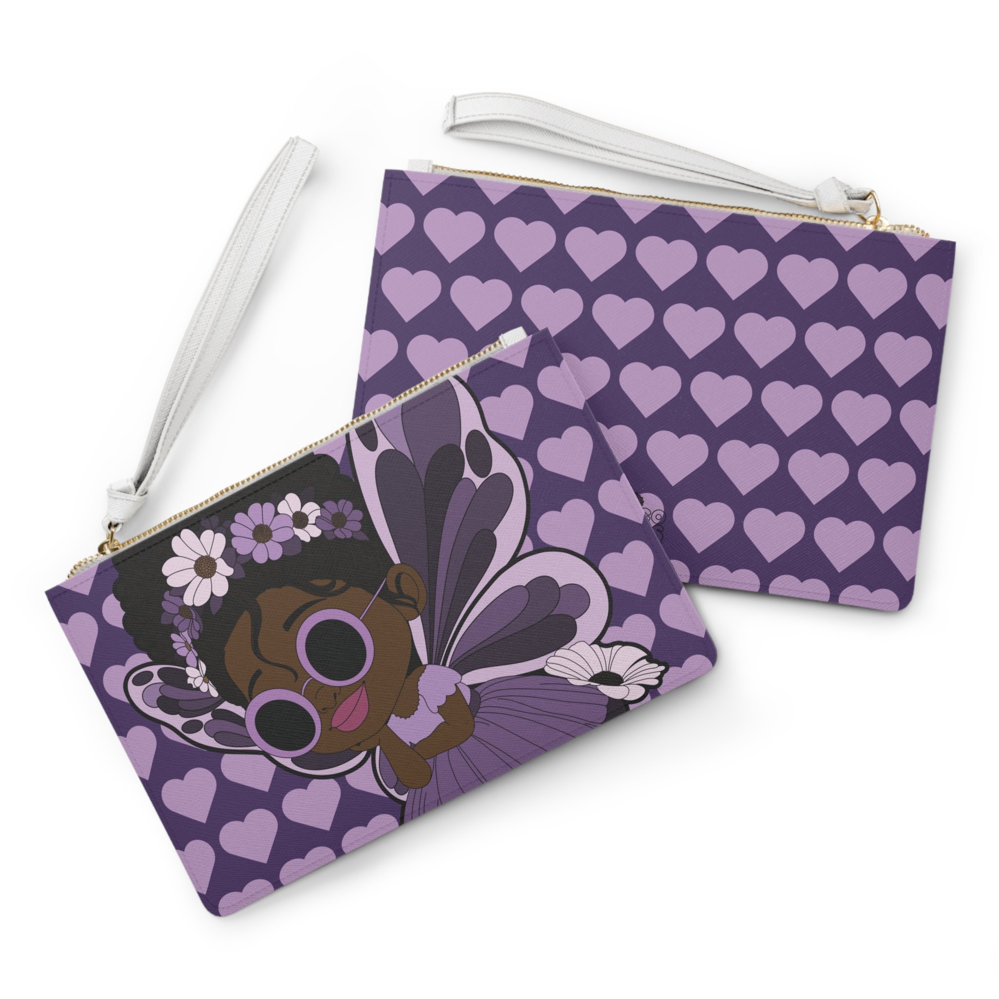 Marvelous Mia Pixie Clutch Bag - Coco Pixies Purple Signature Heart Pattern Wristlet With Zipper