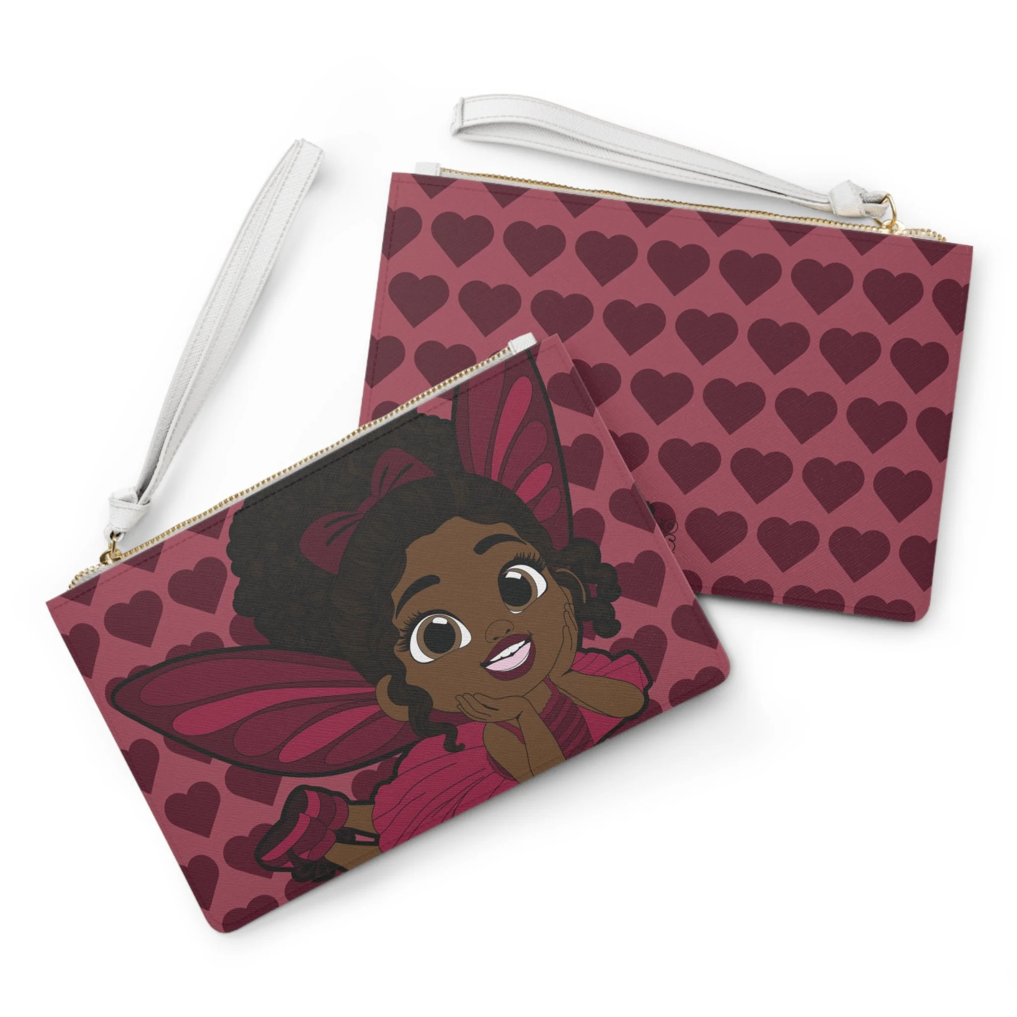 Happy Harper Pixie Clutch Bag - Coco Pixies Deep Rose Signature Heart Pattern Wristlet With Zipper