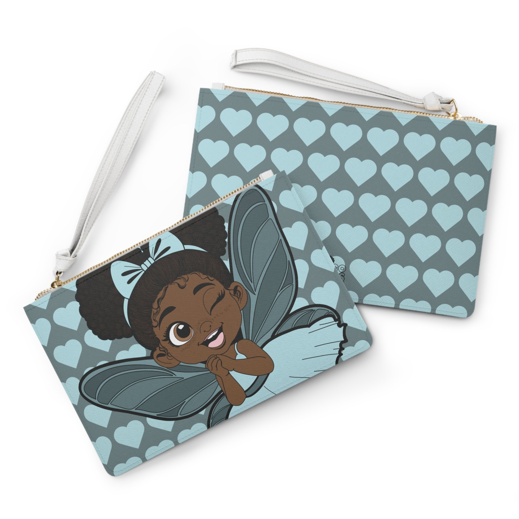 Gleeful Grace Pixie Clutch Bag - Coco Pixies Icy Blue Signature Heart Pattern Wristlet With Zipper
