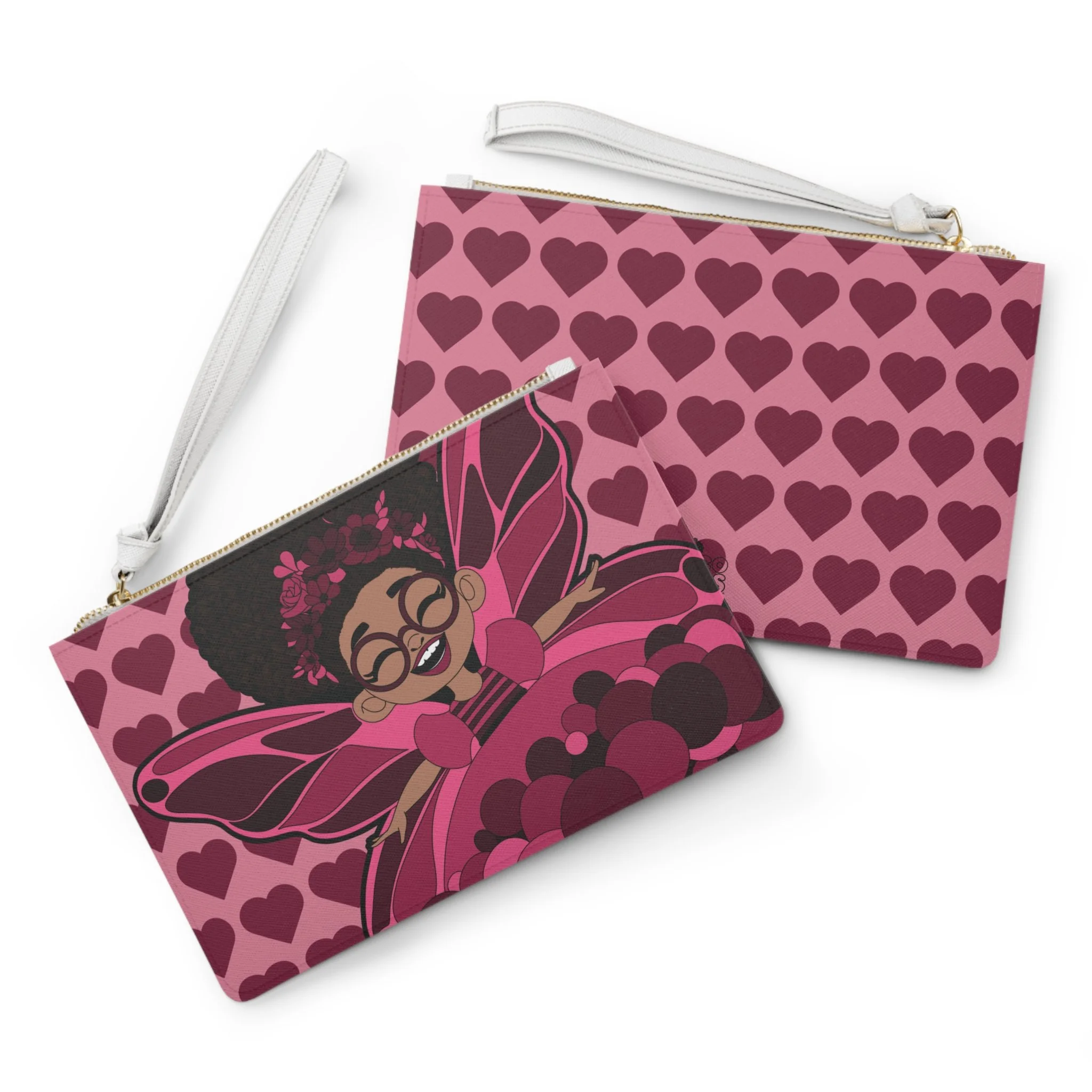 Delightful Daisy Pixie Clutch Bag - Coco Pixies Berry Pink Signature Heart Pattern Wristlet With Zipper