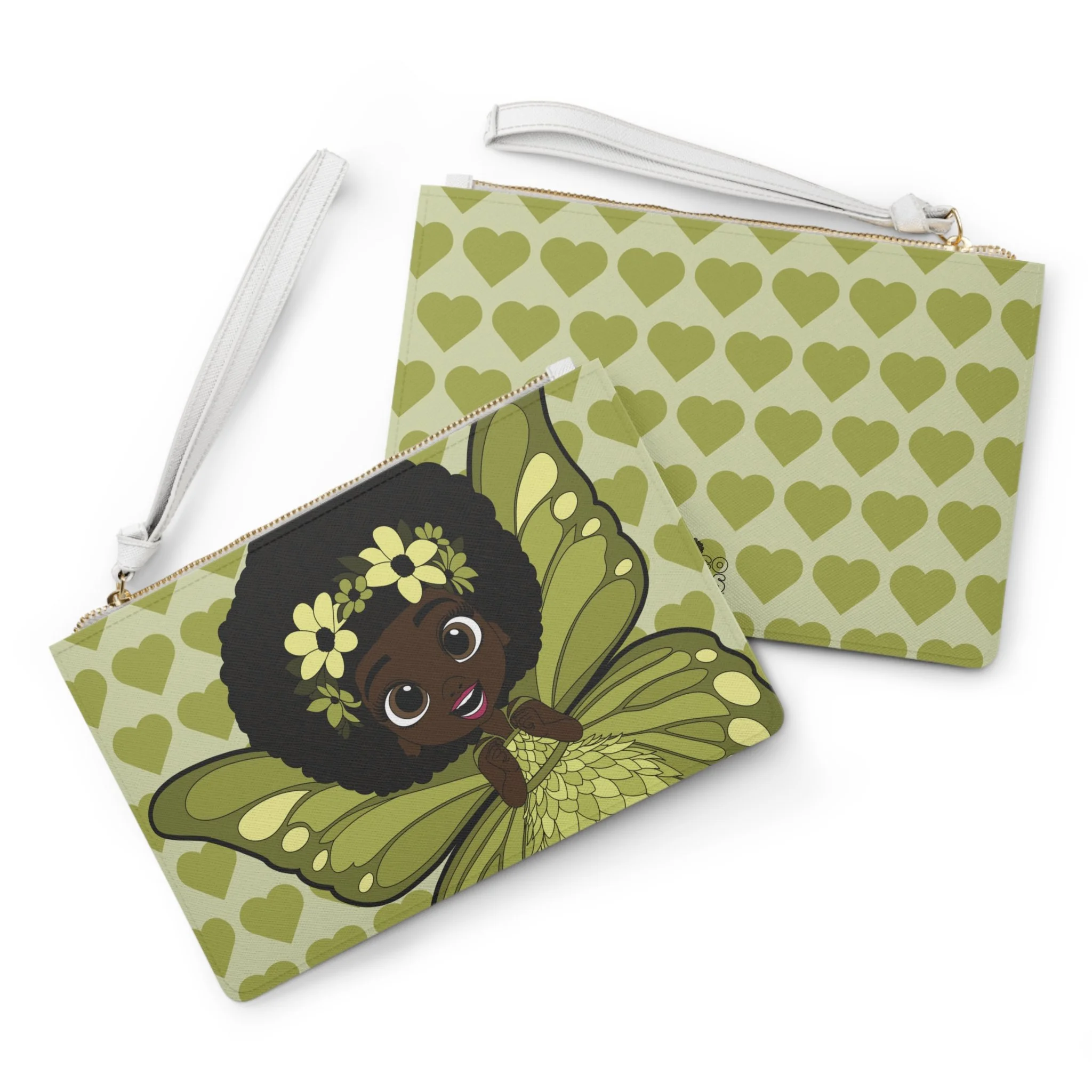 Cheerful Charlotte Pixie Clutch Bag - Coco Pixies Soft Green Signature Heart Pattern Wristlet With Zipper