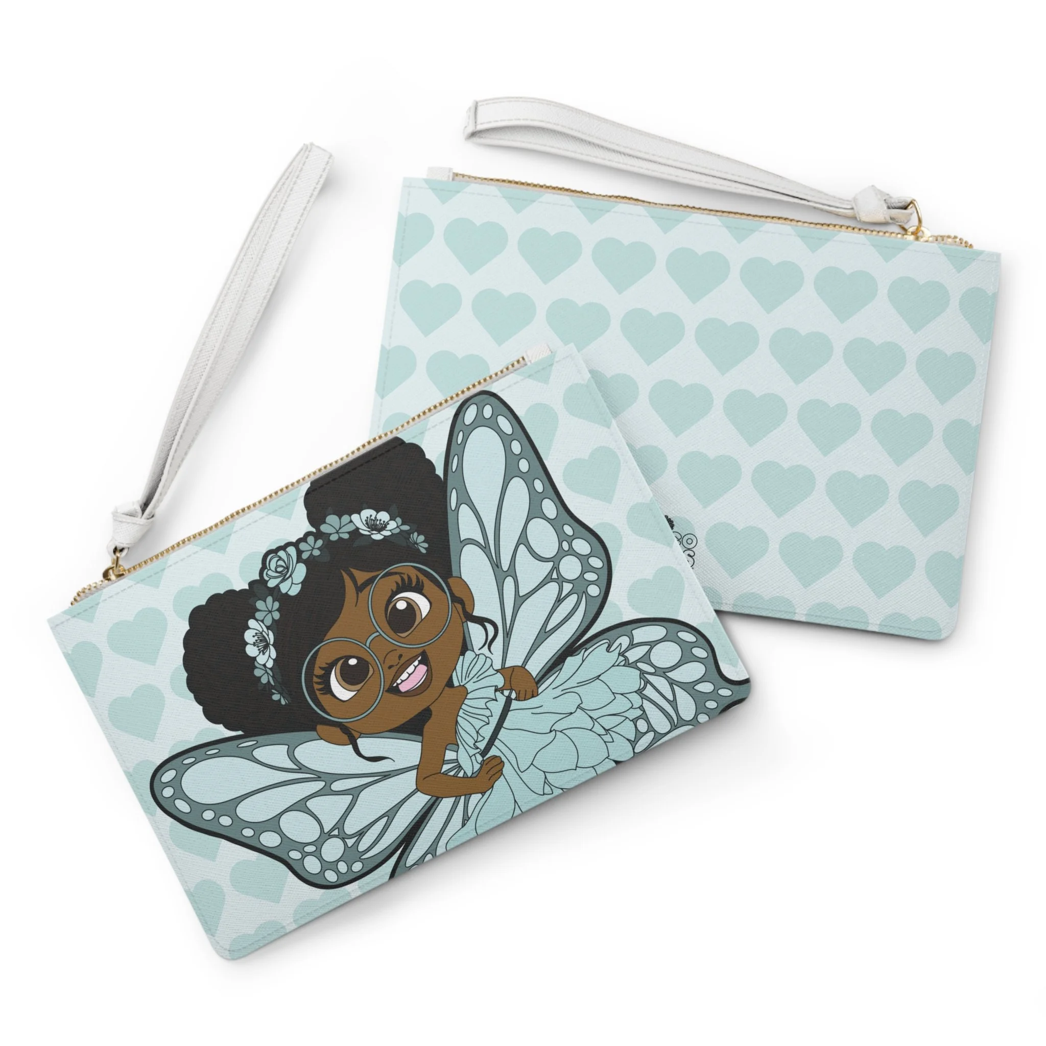 JoJo Jollypuff Pixie Clutch Bag - Coco Pixies Baby Cyan Signature Heart Pattern Wristlet With Zipper