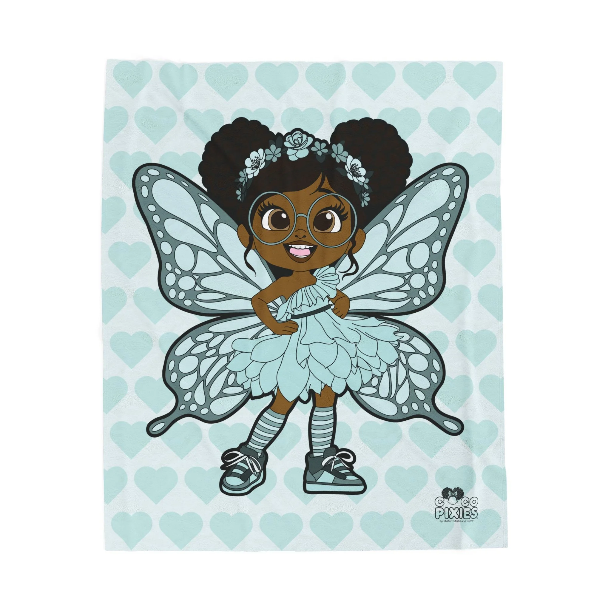 JoJo Jollypuff Pixie Velveteen Plush Blanket - Signature Baby Cyan Heart Pattern Background, 50" x 60"