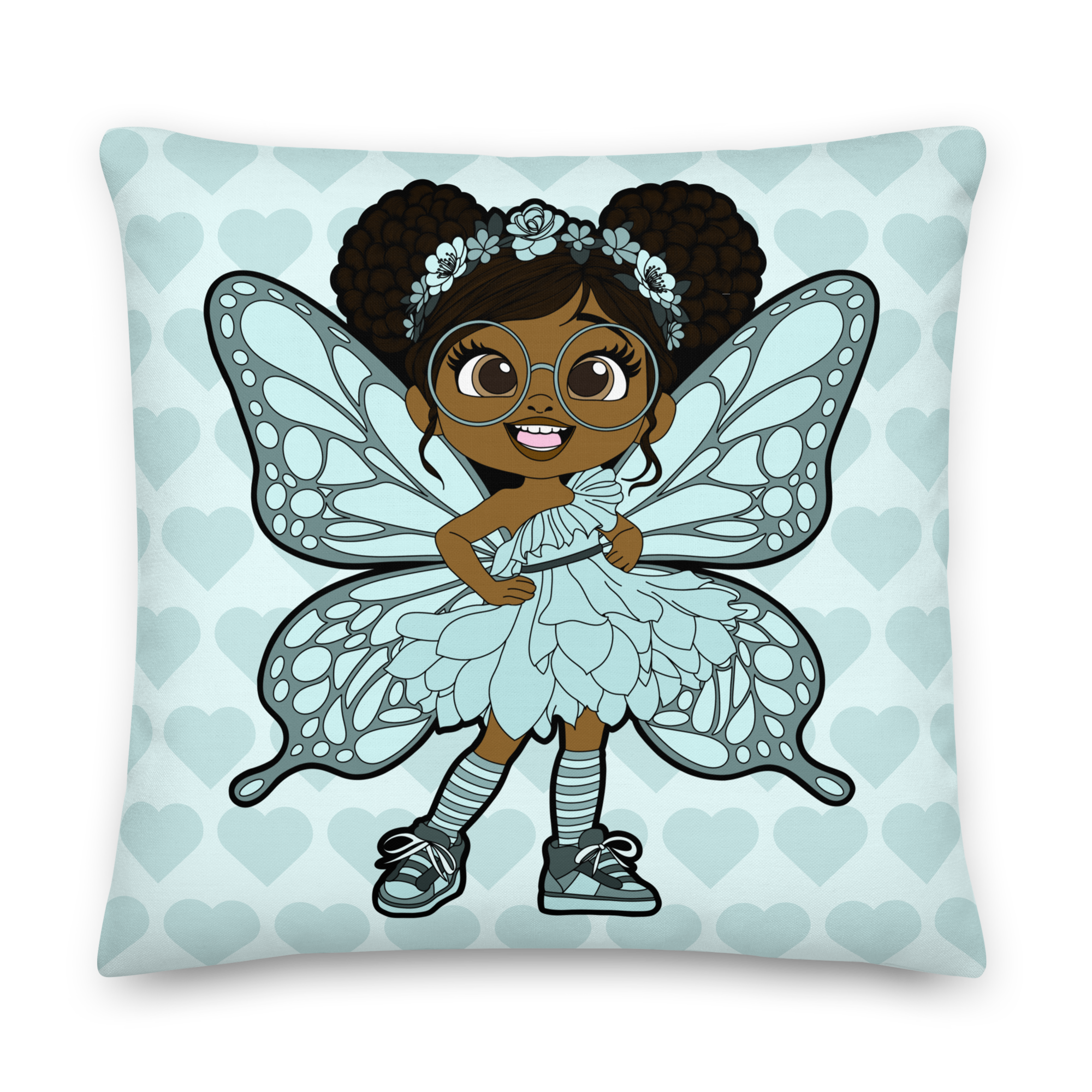 JoJo Jollypuff Pixie Heart Pattern Throw Pillow - Coco Pixies Baby Cyan Signature Heart Pattern Decorative Accent Pillow, 22" x 22"