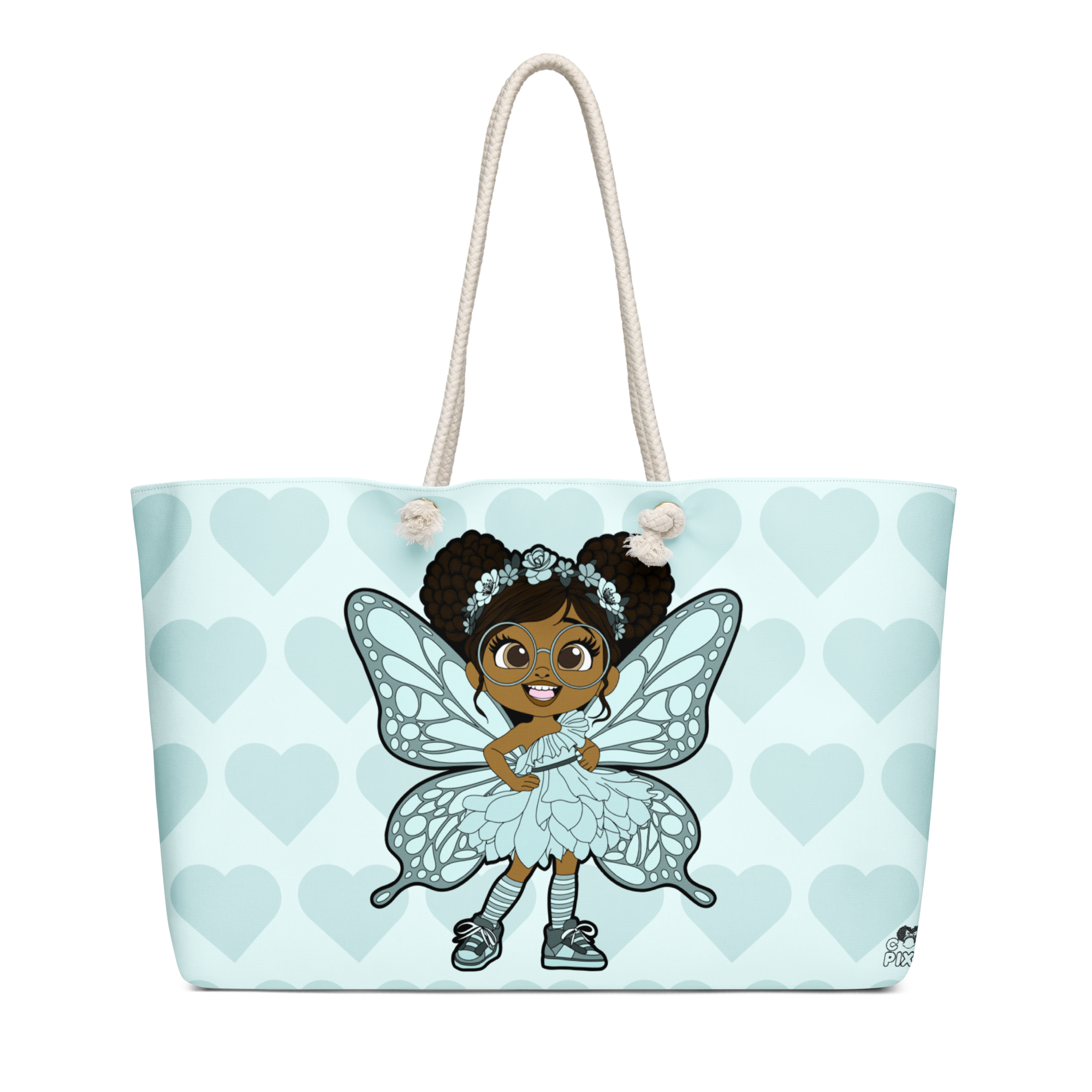 JoJo Jollypuff Pixie Tote Bag - Coco Pixies Baby Cyan Signature Heart Pattern Oversized Weekender Bag